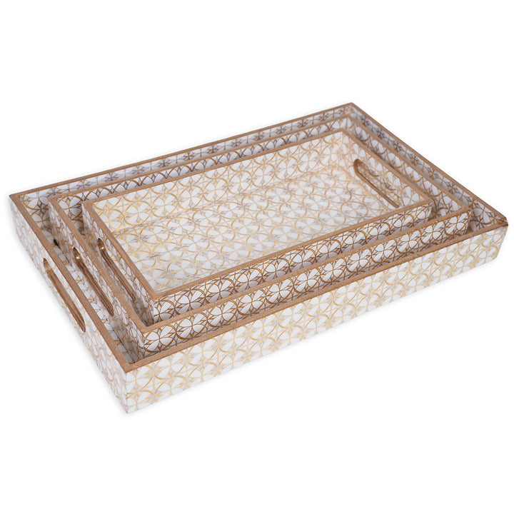 Amimashop® Gold Design Set of 3 Rectangular Wooden Serving Trays 16", 14", 12"