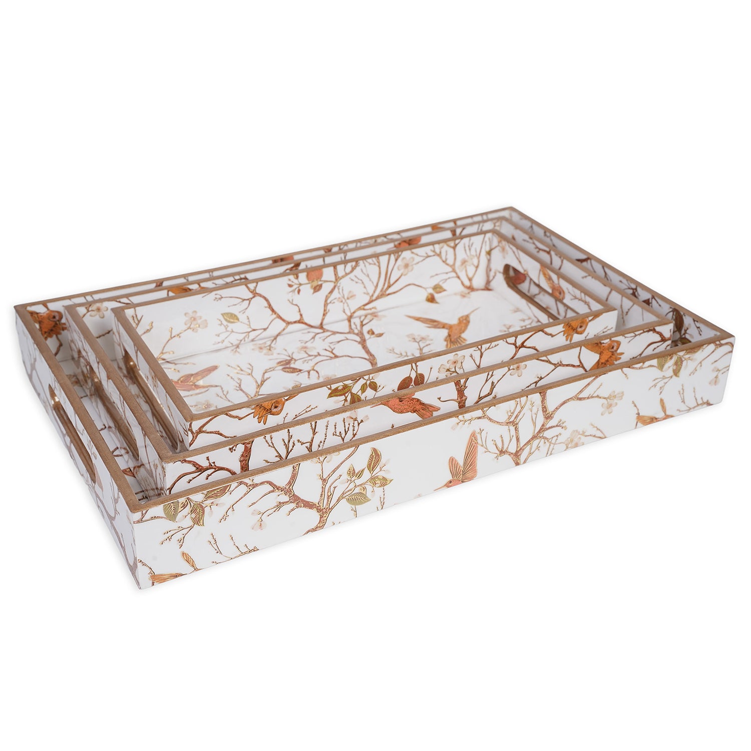 Off White Set of 3 Rectangular Wooden Serving Trays 16", 14", 12"