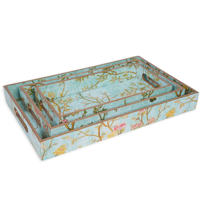 Amimashop® Green Set of 3 Rectangular Wooden Serving Trays 16", 14", 12"