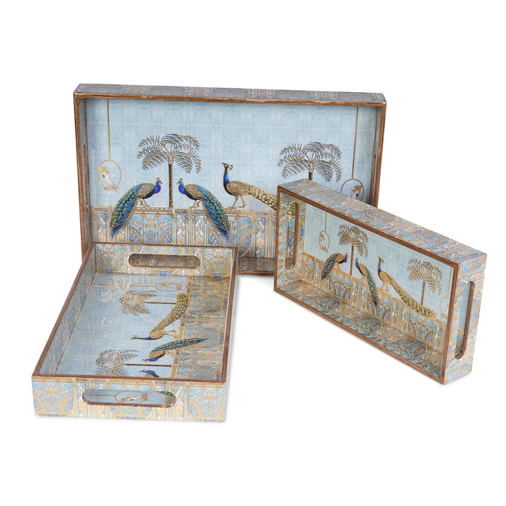 Amimashop® Peacock Set of 3 Rectangular Wooden Serving Trays 16", 14", 12"