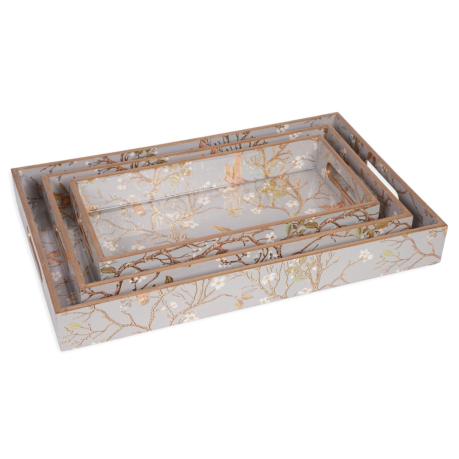 Gray Set of 3 Rectangular Wooden Serving Trays 16", 14", 12"