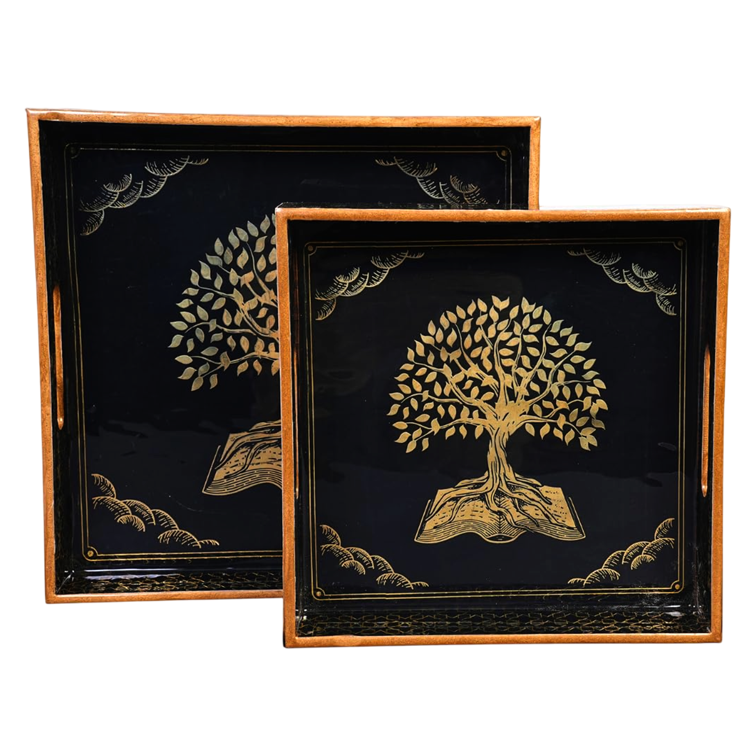 BLACK Set of 2 Wooden Serving Trays (12" & 10") | Premium Rectangular Mango Wood Trays for Kitchen, Dining, Tea/Coffee & Breakfast | Handcrafted Decorative Wooden Tray Set for Home & Gift