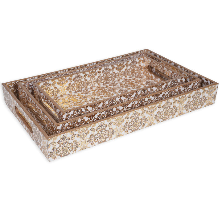 Amimashop® Gold Set of 3 Rectangular Wooden Serving Trays 16", 14", 12"