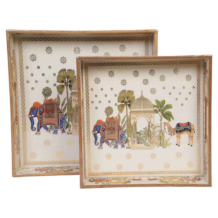 Amimashop® Camel Set of 2 Wooden Serving Trays 12"& 14"