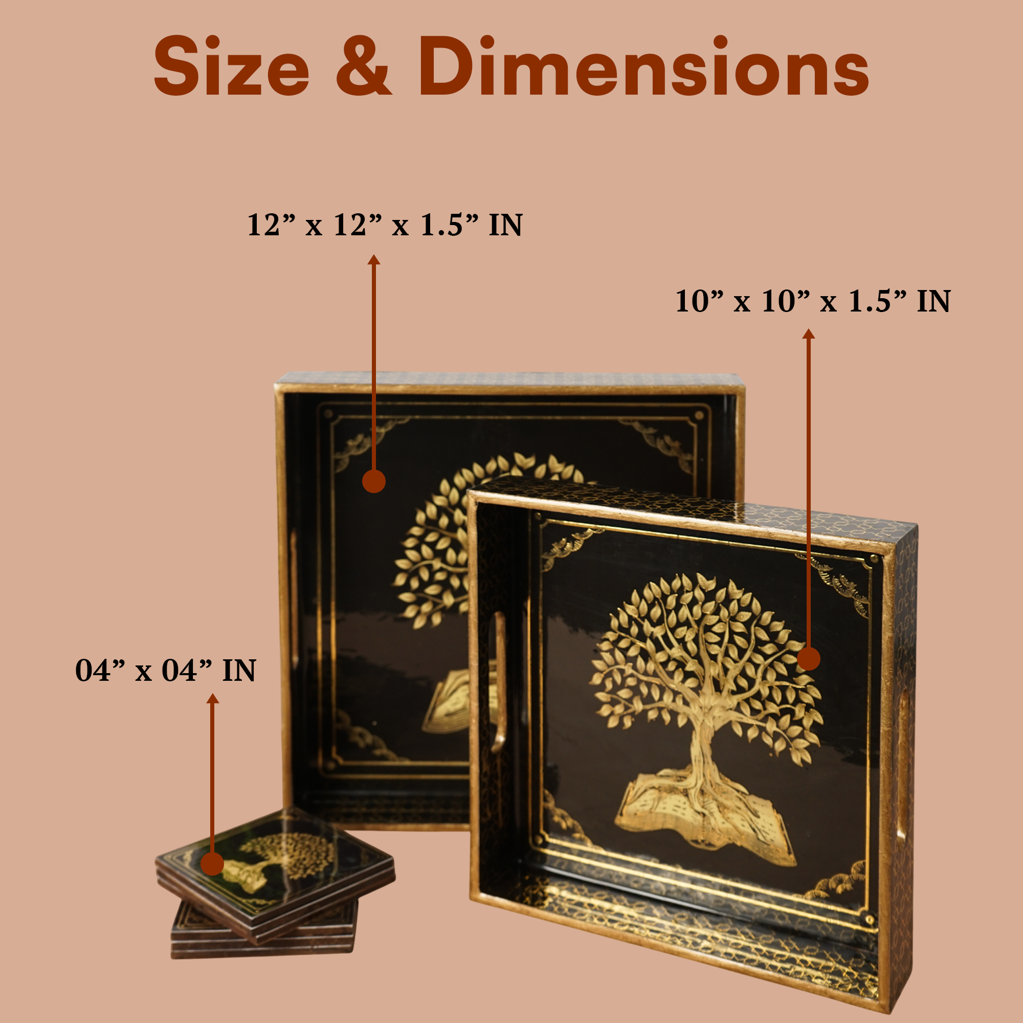 Black Set of 2 Wooden Serving Trays with Coasters 12"& 14"