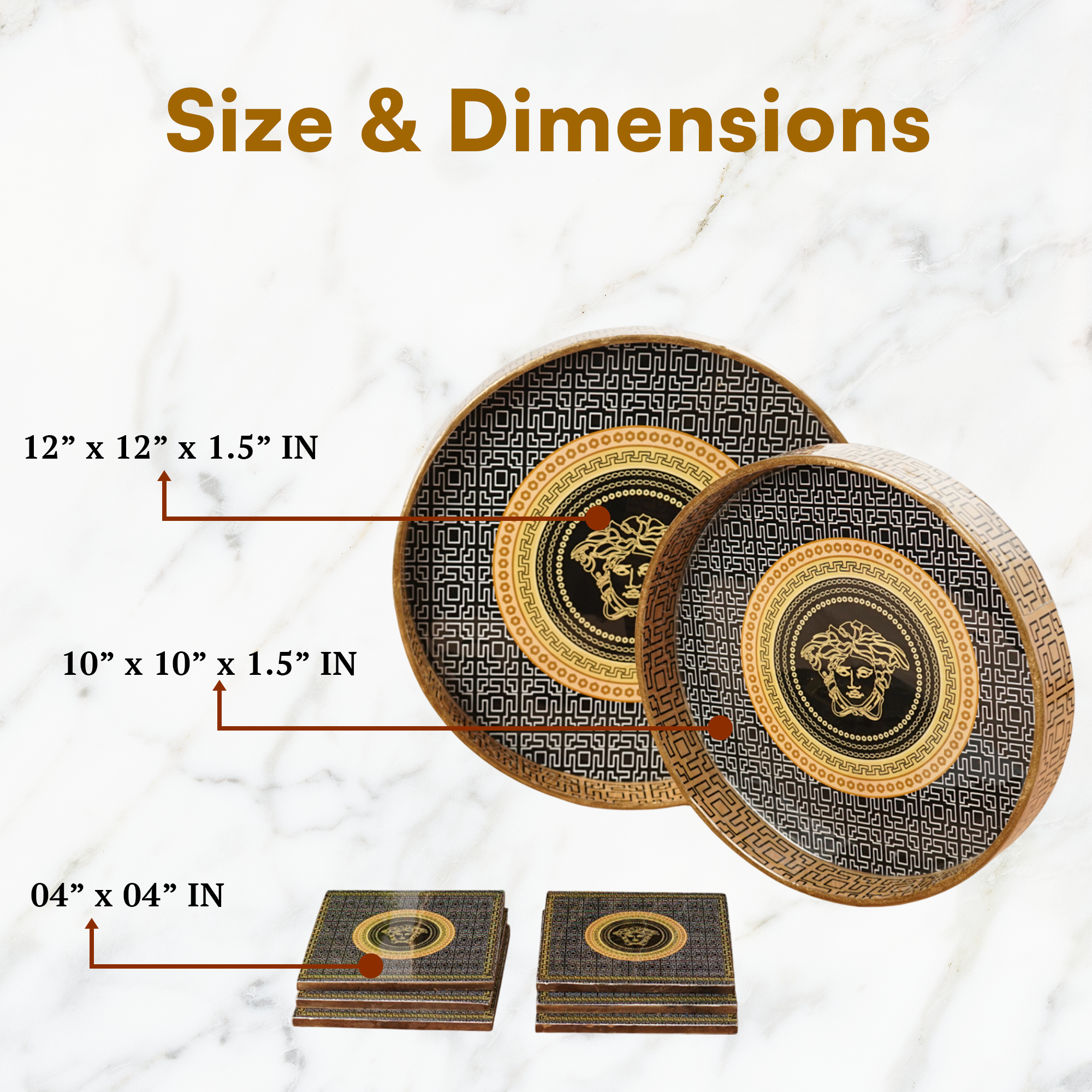 Orange Black Set of 2 Wooden Serving Trays with Coasters 12"& 14"