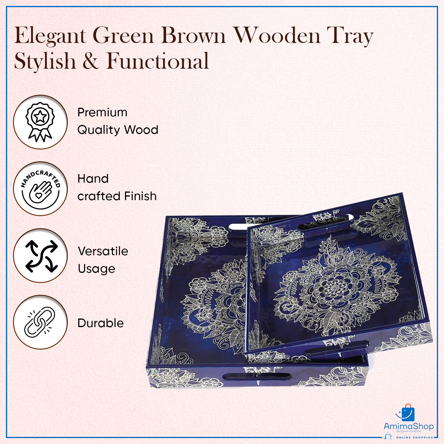 Magenta Set of 2 Wooden Serving Trays (12" & 10") | Premium Rectangular Mango Wood Trays for Kitchen, Dining, Tea/Coffee & Breakfast | Handcrafted Decorative Wooden Tray Set for Home & Gift