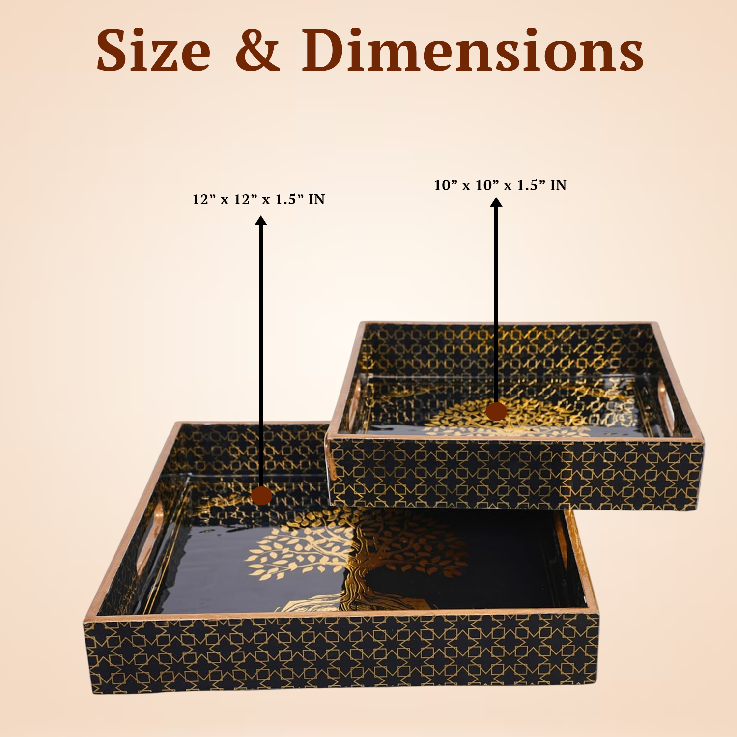 BLACK Set of 2 Wooden Serving Trays (12" & 10") | Premium Rectangular Mango Wood Trays for Kitchen, Dining, Tea/Coffee & Breakfast | Handcrafted Decorative Wooden Tray Set for Home & Gift