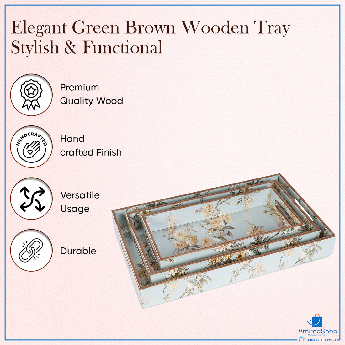 Amimashop® Light Green Set of 3 Rectangular Wooden Serving Trays 16", 14", 12"