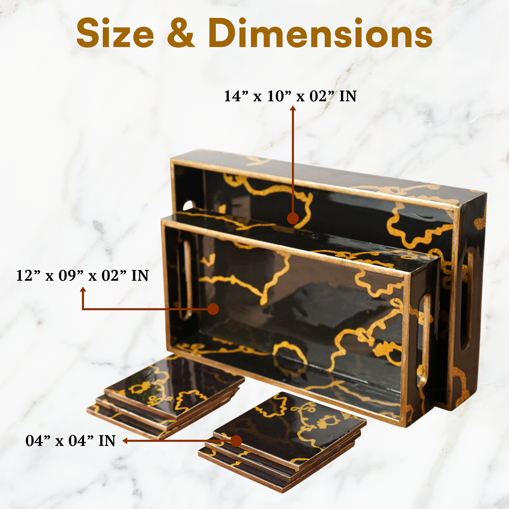 Mini Black Set of 2 Wooden Serving Trays with Coasters 12"& 14"