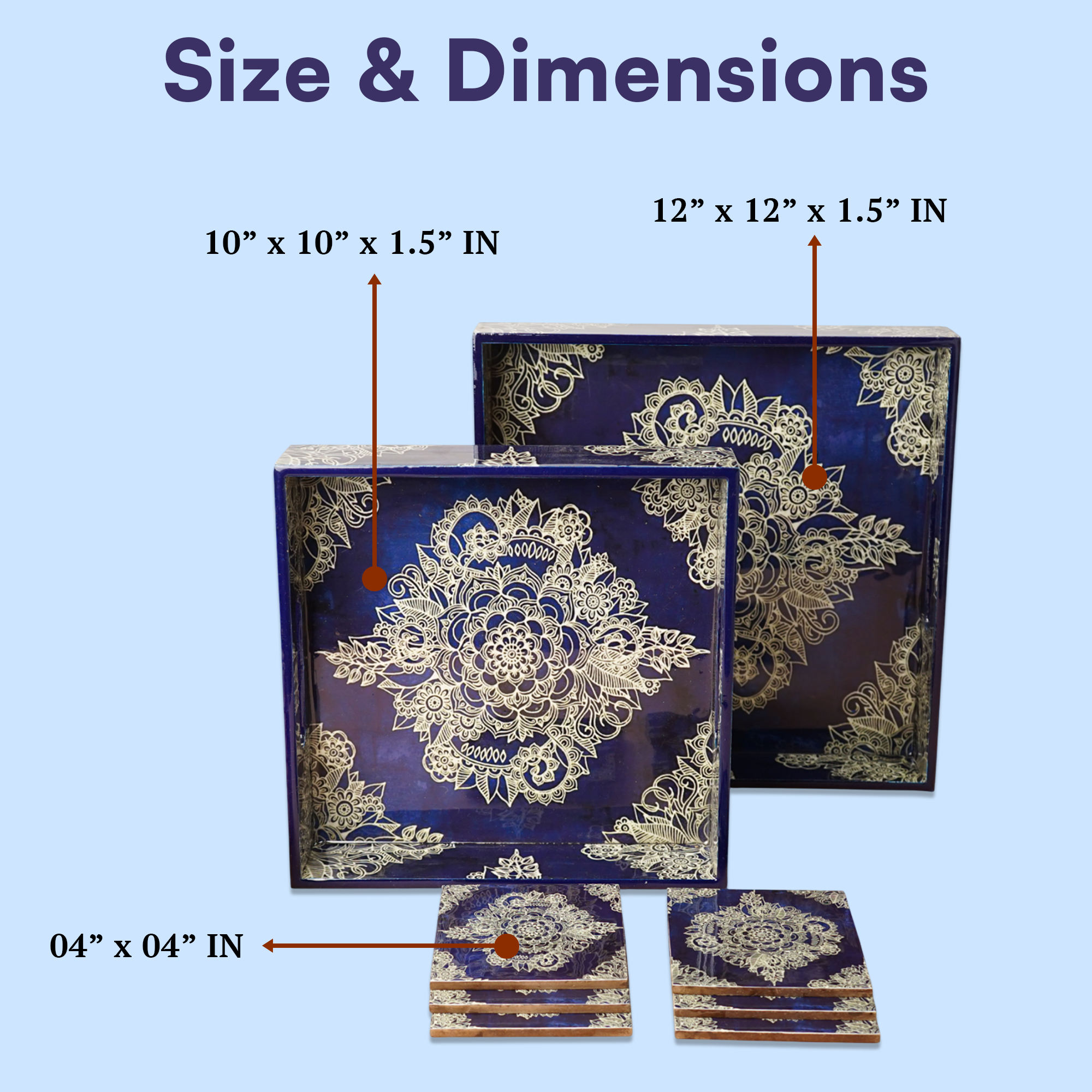 Magenta Set of 2 Wooden Serving Trays with Coasters 12"& 14"