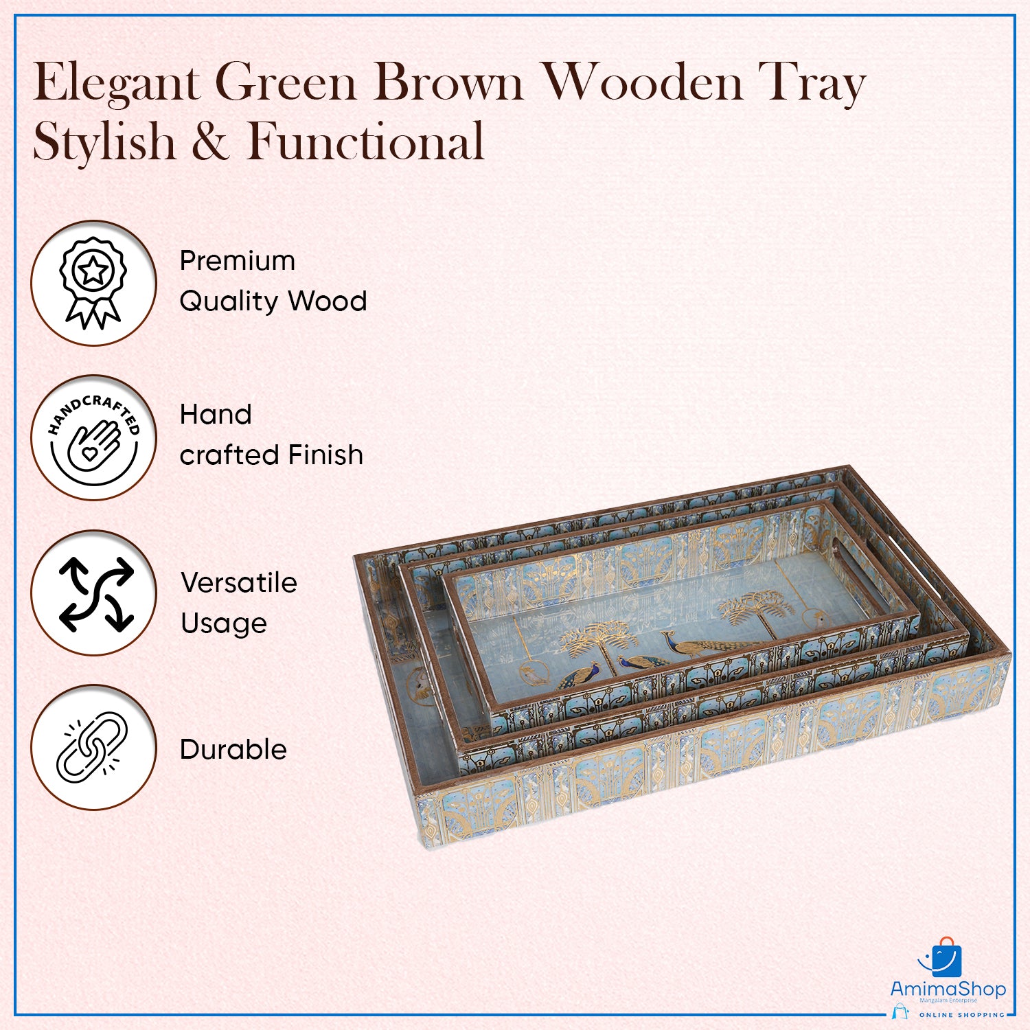 Amimashop® Peacock Set of 3 Rectangular Wooden Serving Trays 16", 14", 12"