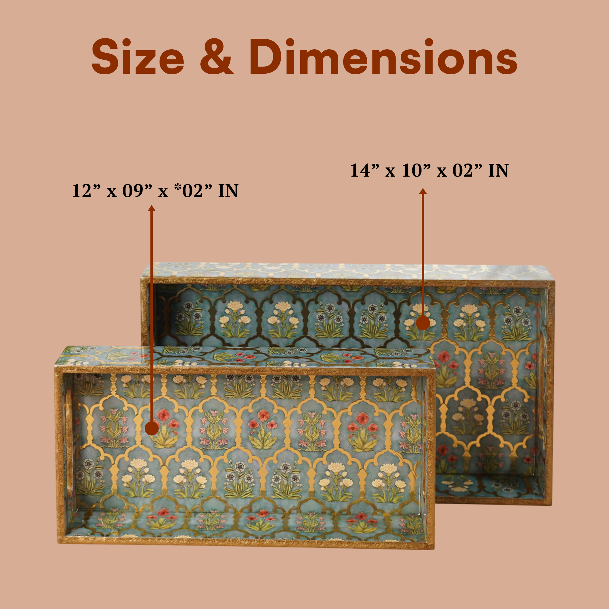 Green Flower Set of 2 Wooden Serving Trays (12" & 14") | Premium Rectangular Mango Wood Trays for Kitchen, Dining, Tea/Coffee & Breakfast | Handcrafted Decorative Wooden Tray Set for Home & Gifts