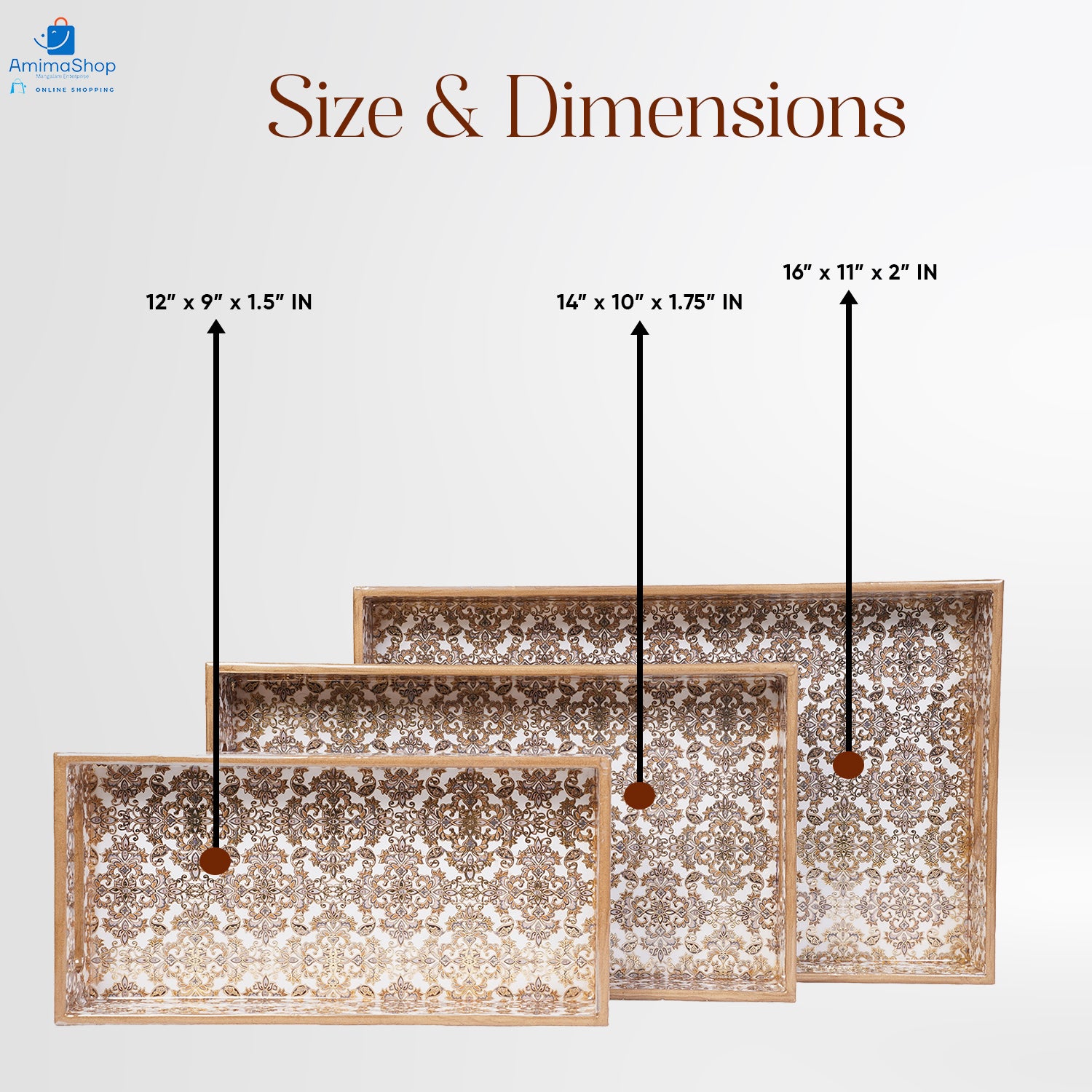 Gold Set of 3 Rectangular Wooden Serving Trays 16", 14", 12"