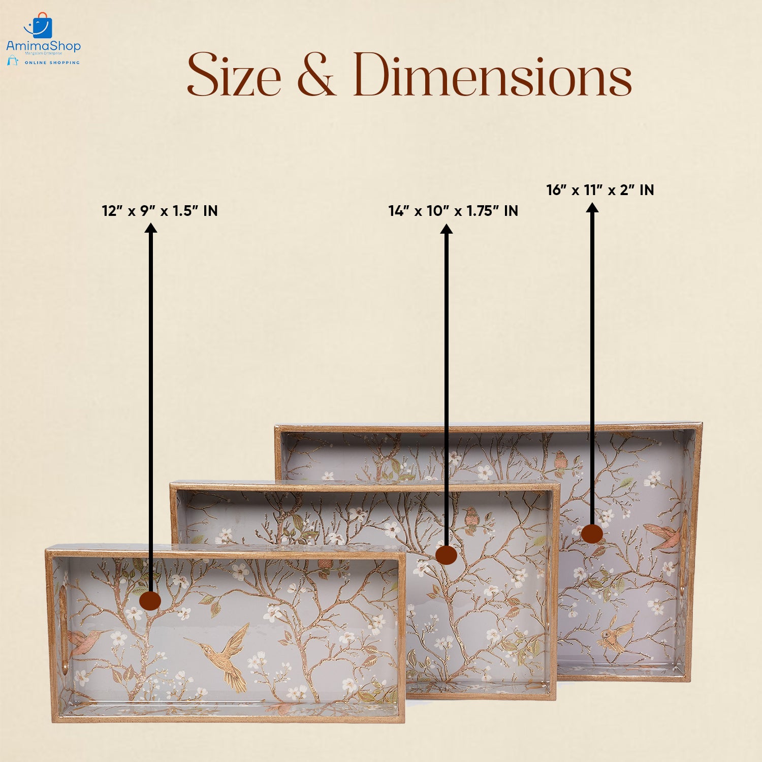 Gray Set of 3 Rectangular Wooden Serving Trays 16", 14", 12"