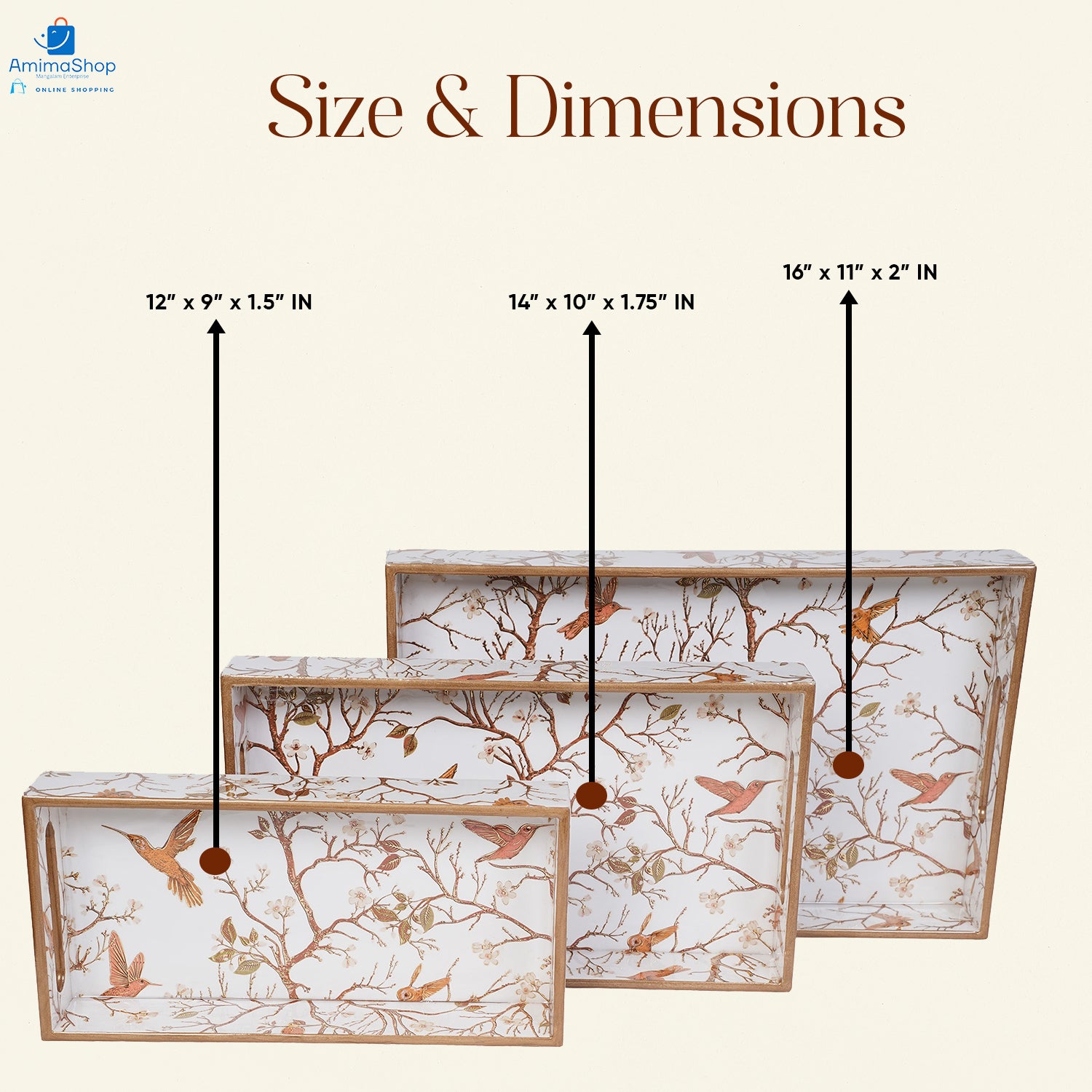 Off White Set of 3 Rectangular Wooden Serving Trays 16", 14", 12"