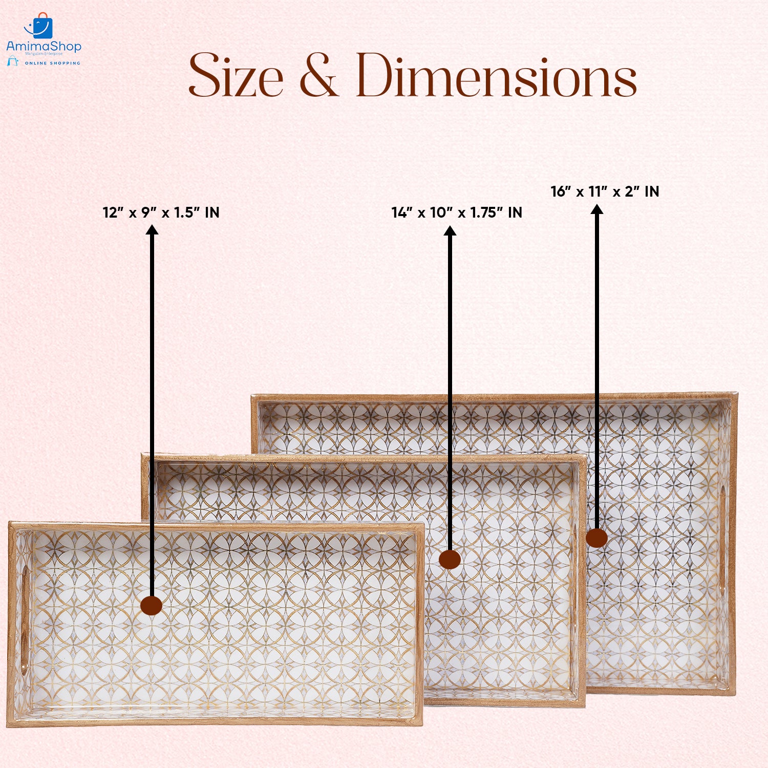 Gold Design Set of 3 Rectangular Wooden Serving Trays 16", 14", 12"