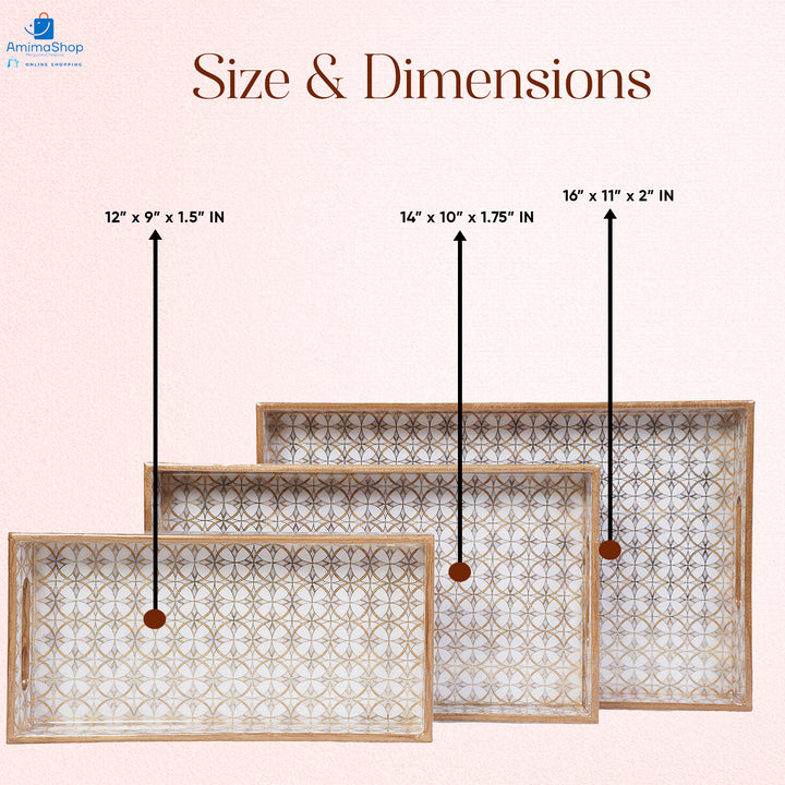 Amimashop® Gold Design Set of 3 Rectangular Wooden Serving Trays 16", 14", 12"