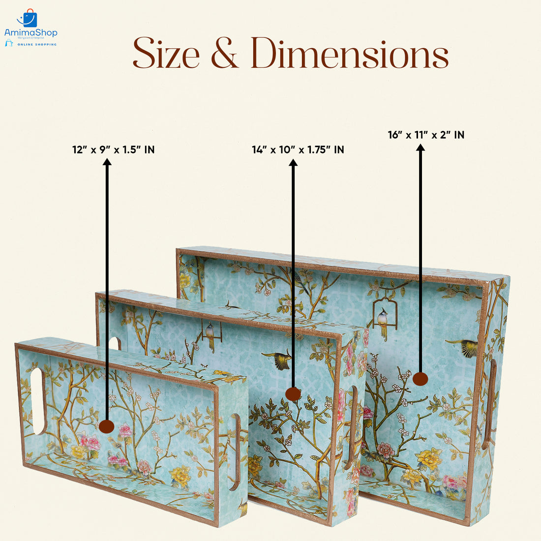 Amimashop® Green Set of 3 Rectangular Wooden Serving Trays 16", 14", 12"