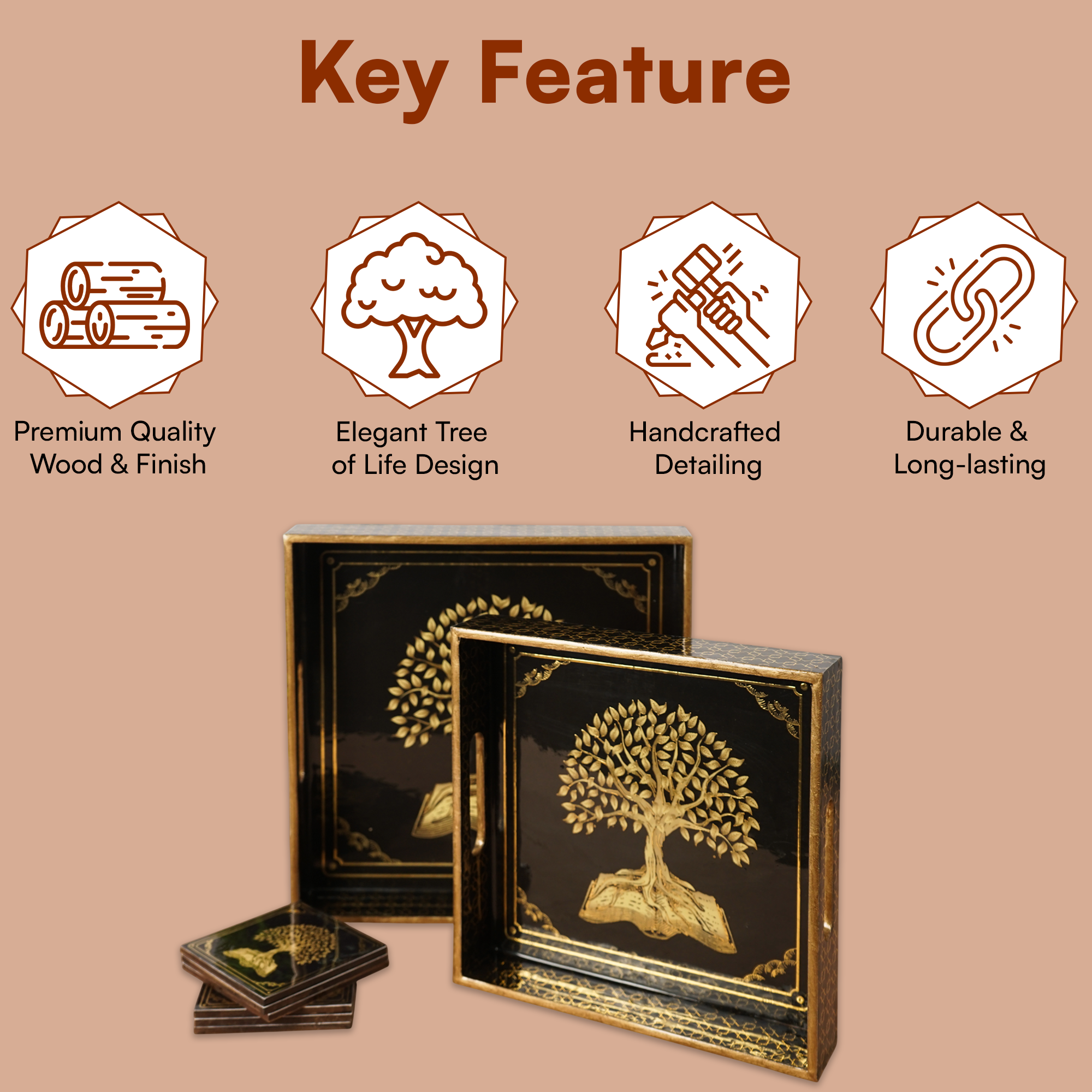 Black Set of 2 Wooden Serving Trays with Coasters 12"& 14"