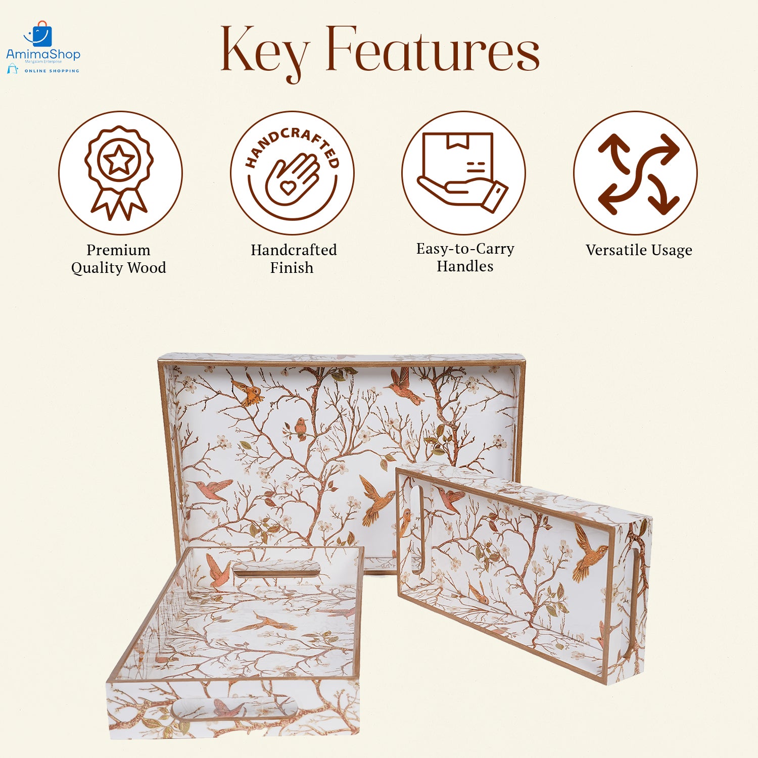 Off White Set of 3 Rectangular Wooden Serving Trays 16", 14", 12"