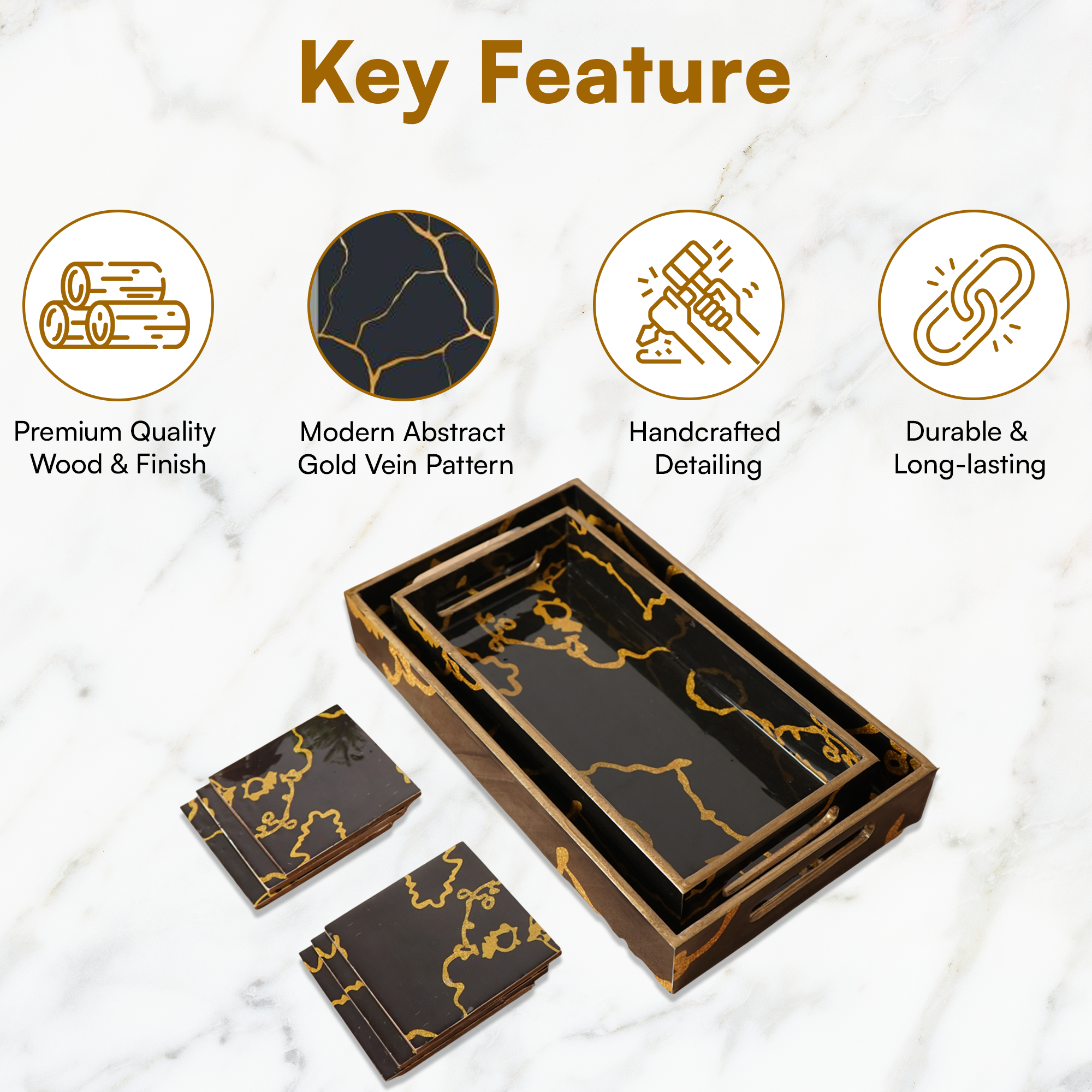 Mini Black Set of 2 Wooden Serving Trays with Coasters 12"& 14"