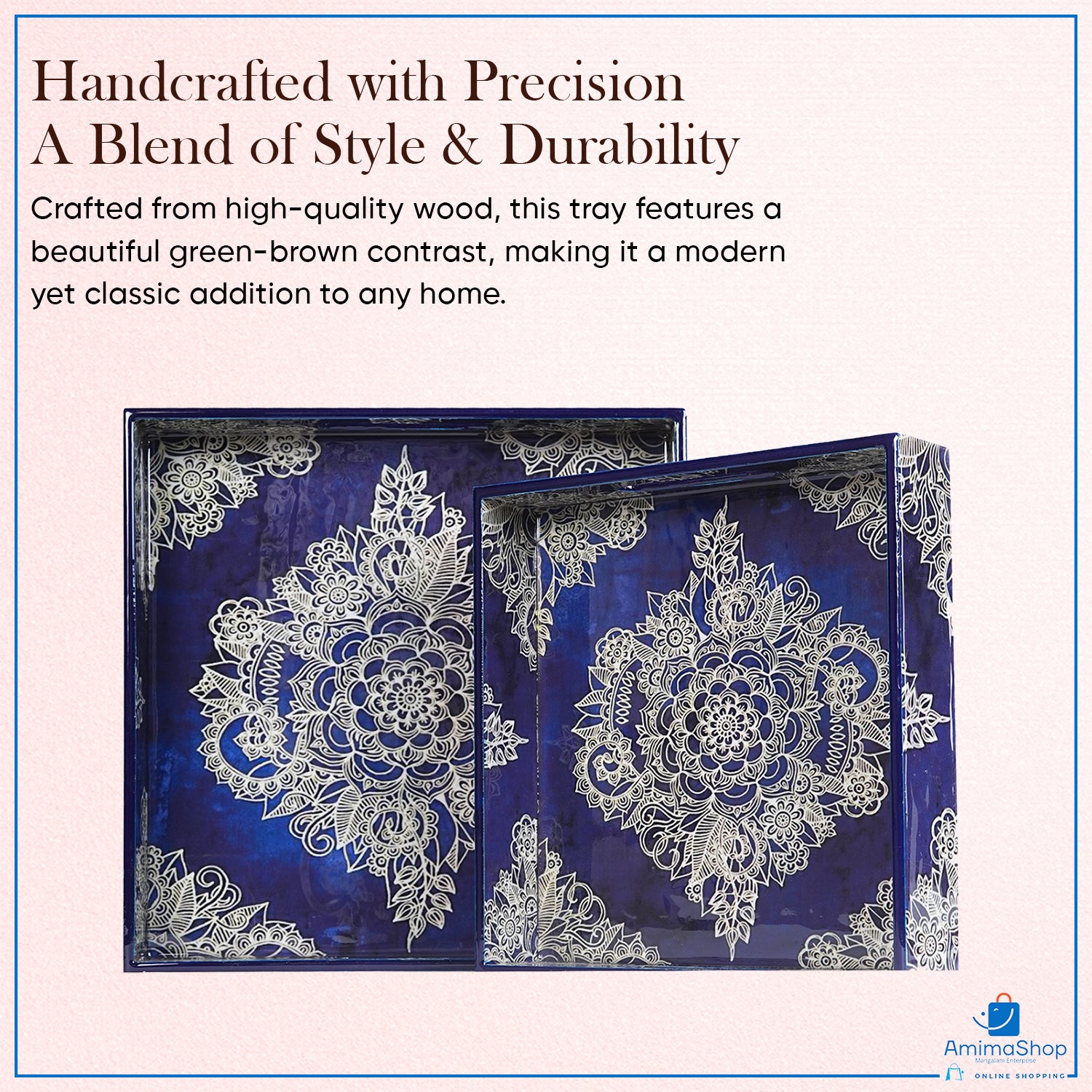 Magenta Set of 2 Wooden Serving Trays (12" & 10") | Premium Rectangular Mango Wood Trays for Kitchen, Dining, Tea/Coffee & Breakfast | Handcrafted Decorative Wooden Tray Set for Home & Gift