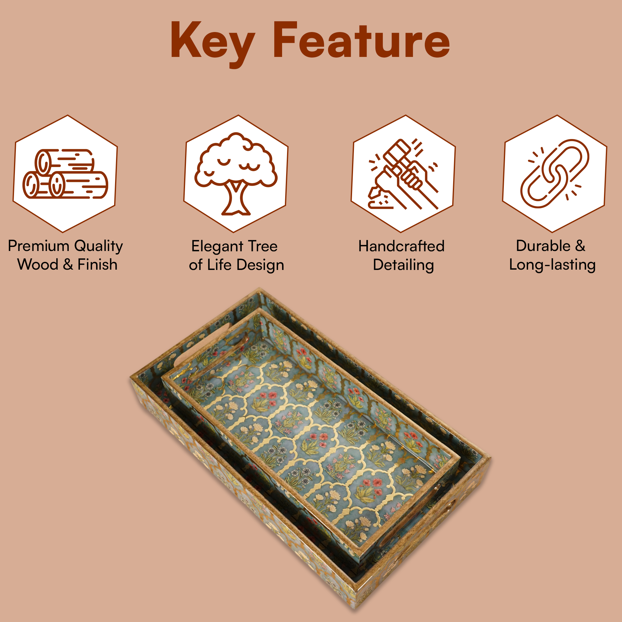 Set of 3 Rectangular Wooden Serving Trays - 12", 14", 16" Rustic Wood Cheese Board and Appetizer Platters