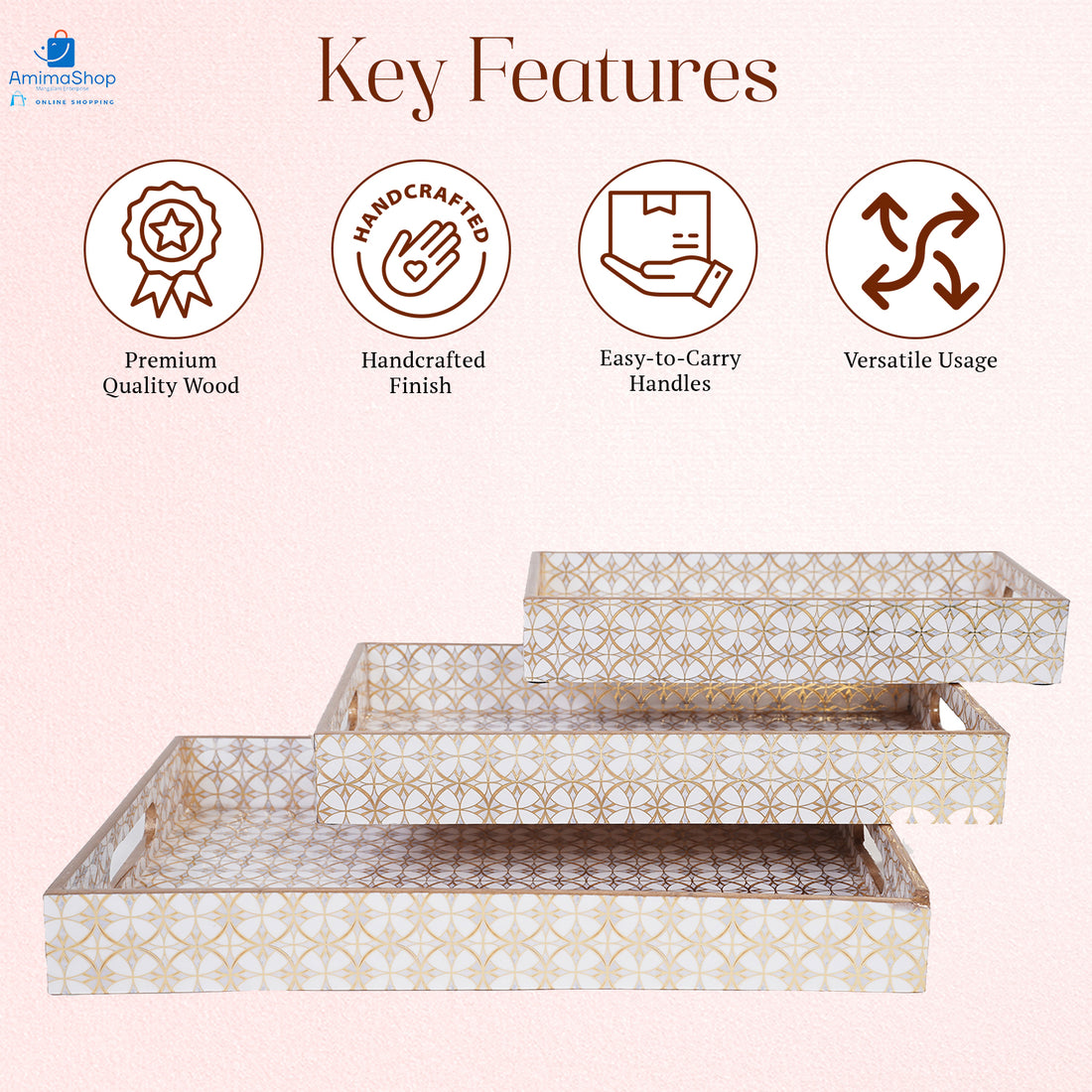Amimashop® Gold Design Set of 3 Rectangular Wooden Serving Trays 16", 14", 12"