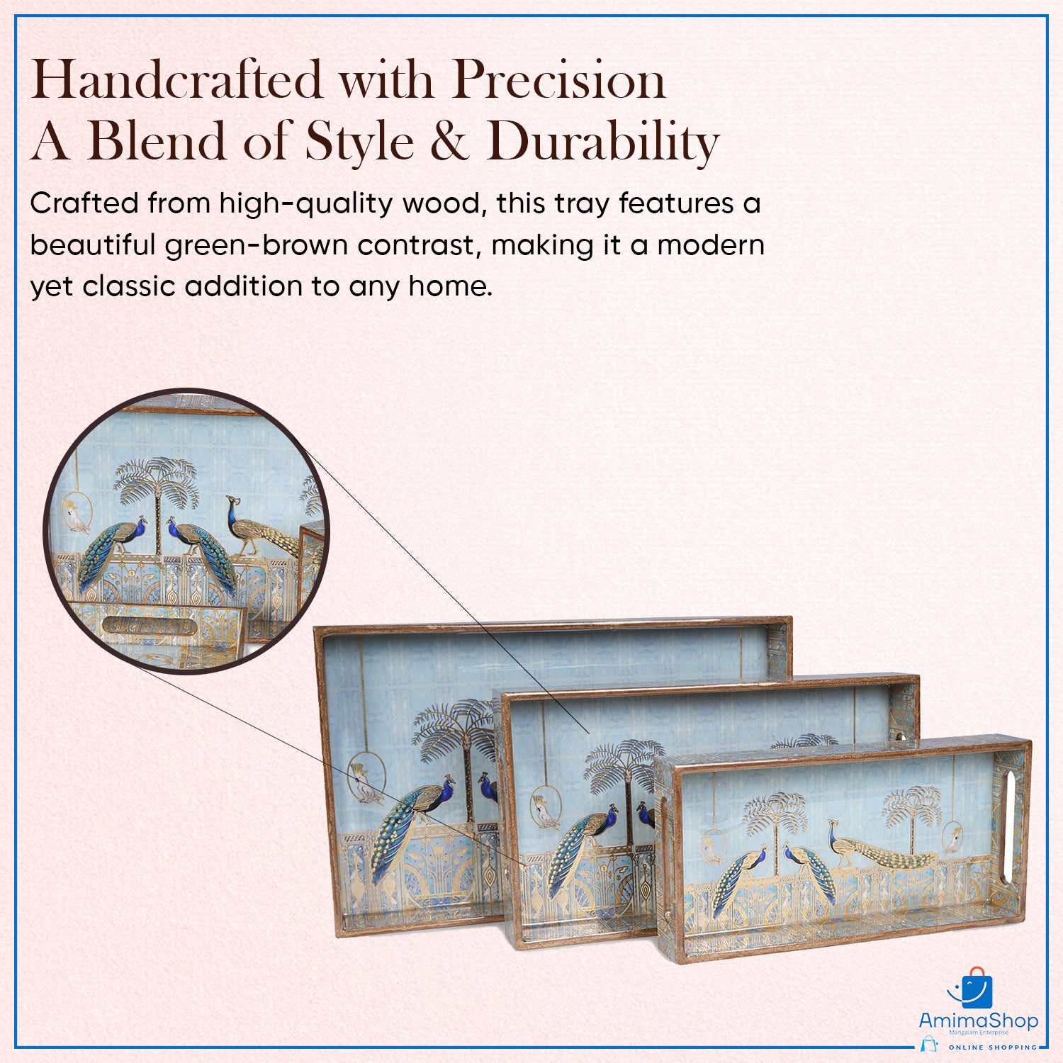 Amimashop® Peacock Set of 3 Rectangular Wooden Serving Trays 16", 14", 12"