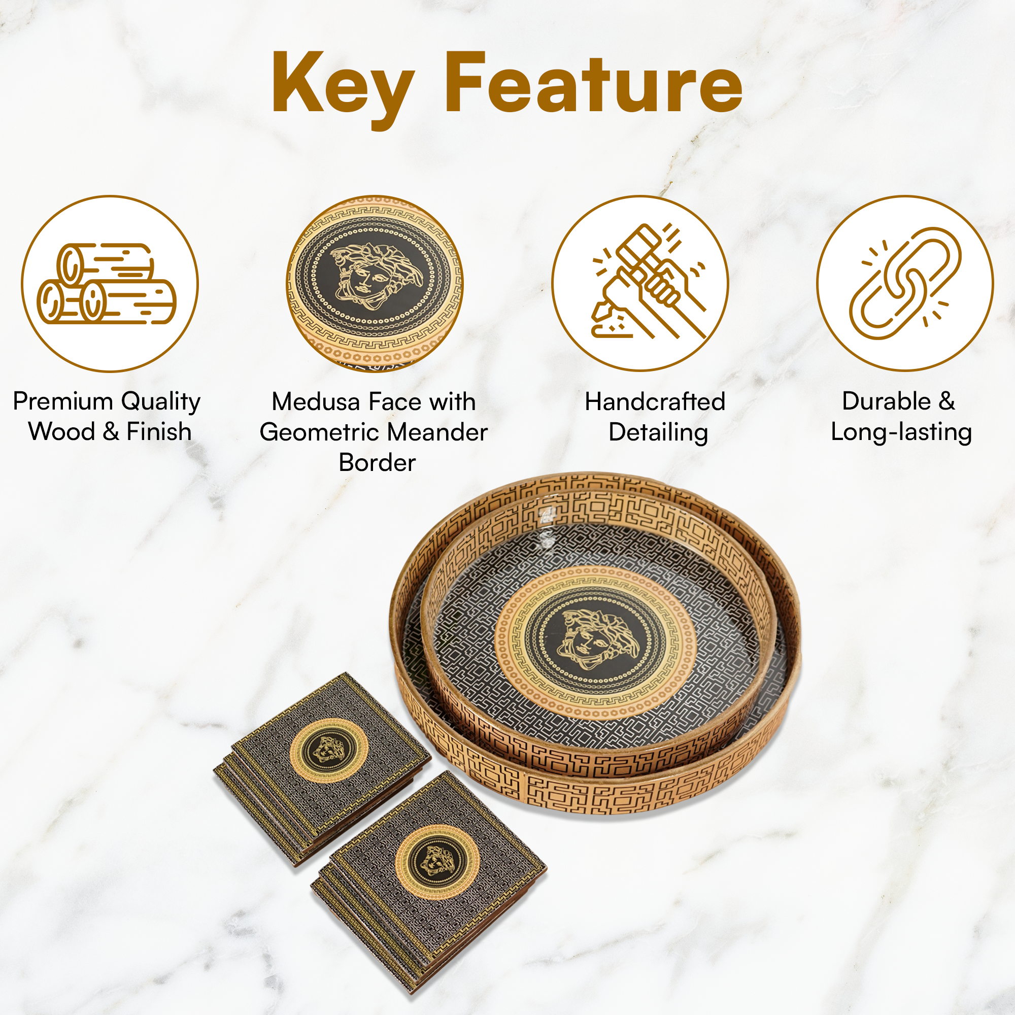 Orange Black Set of 2 Wooden Serving Trays with Coasters 12"& 14"