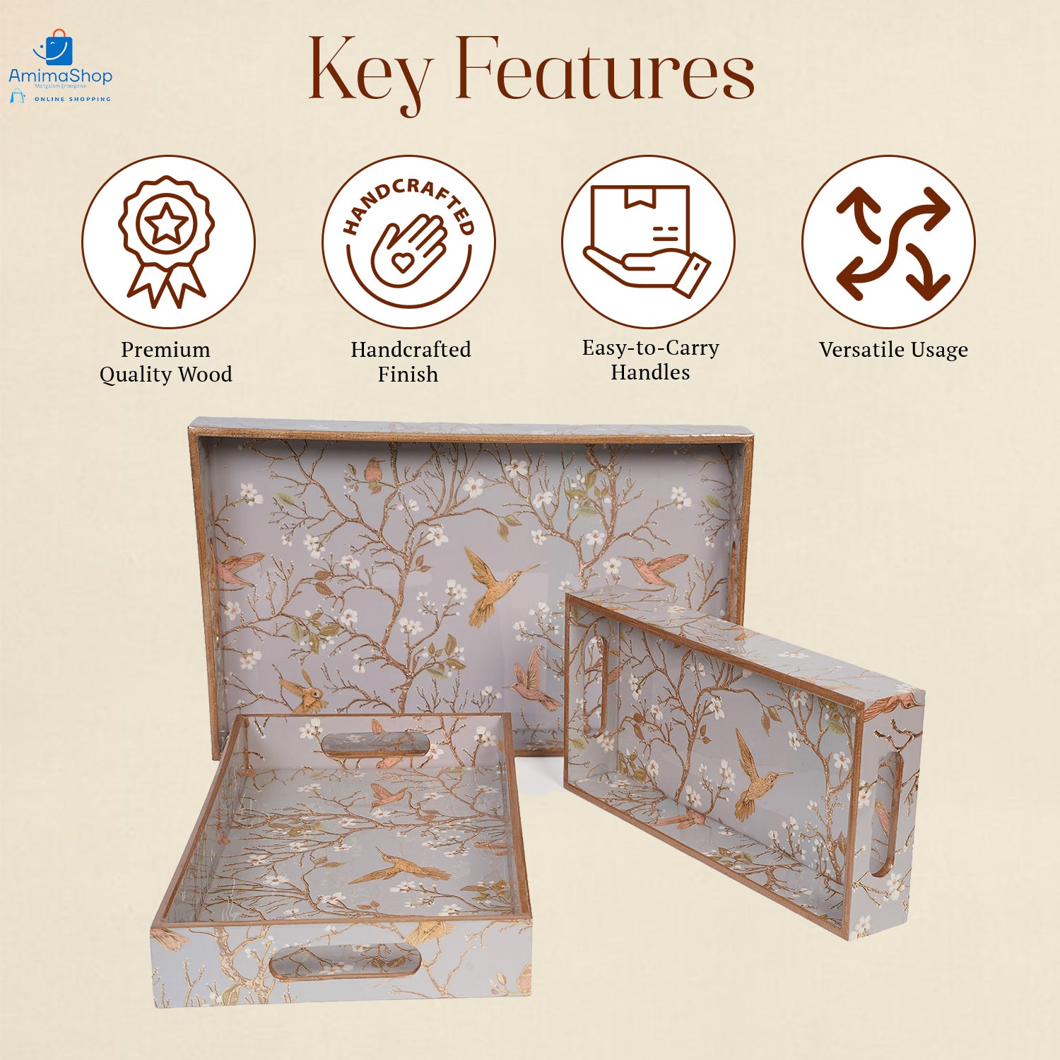 Gray Set of 3 Rectangular Wooden Serving Trays 16", 14", 12"