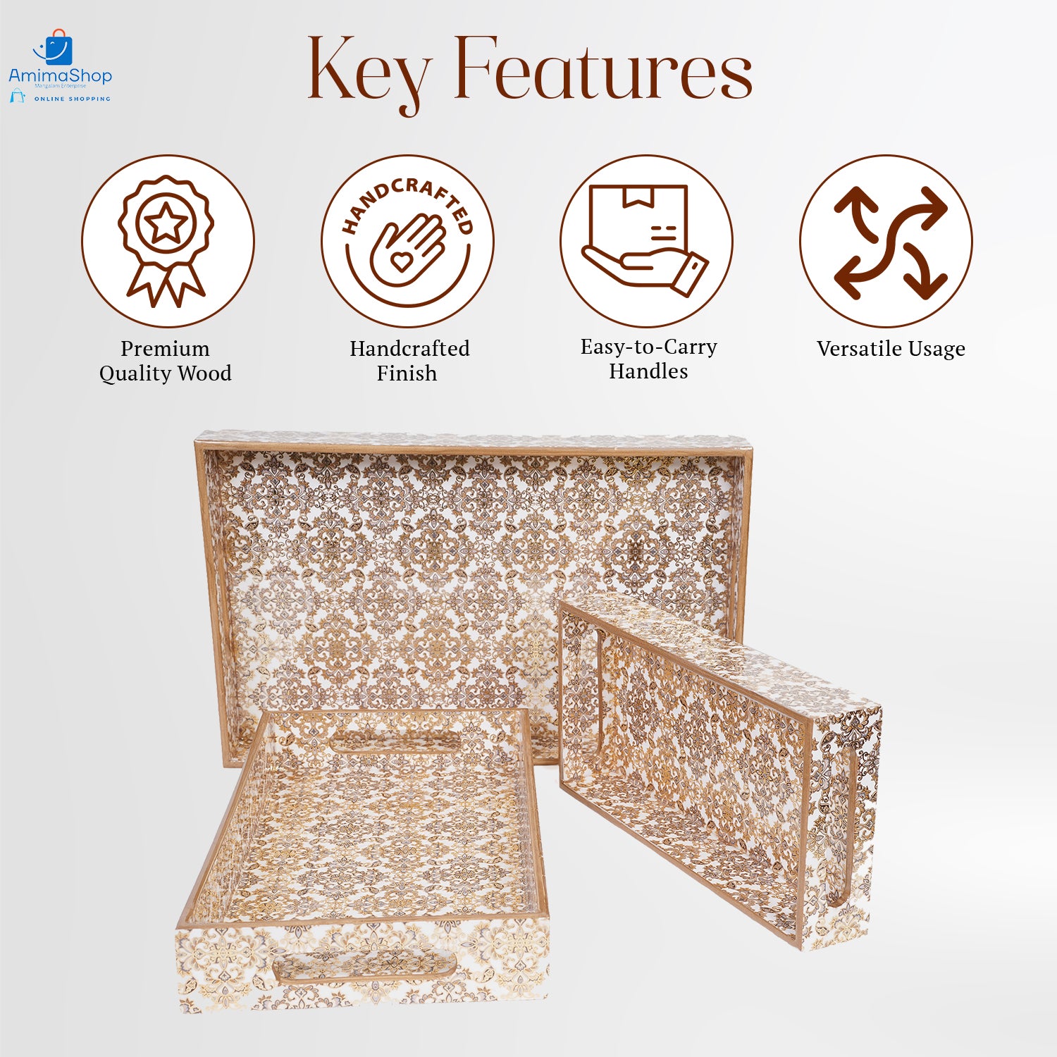 Gold Set of 3 Rectangular Wooden Serving Trays 16", 14", 12"