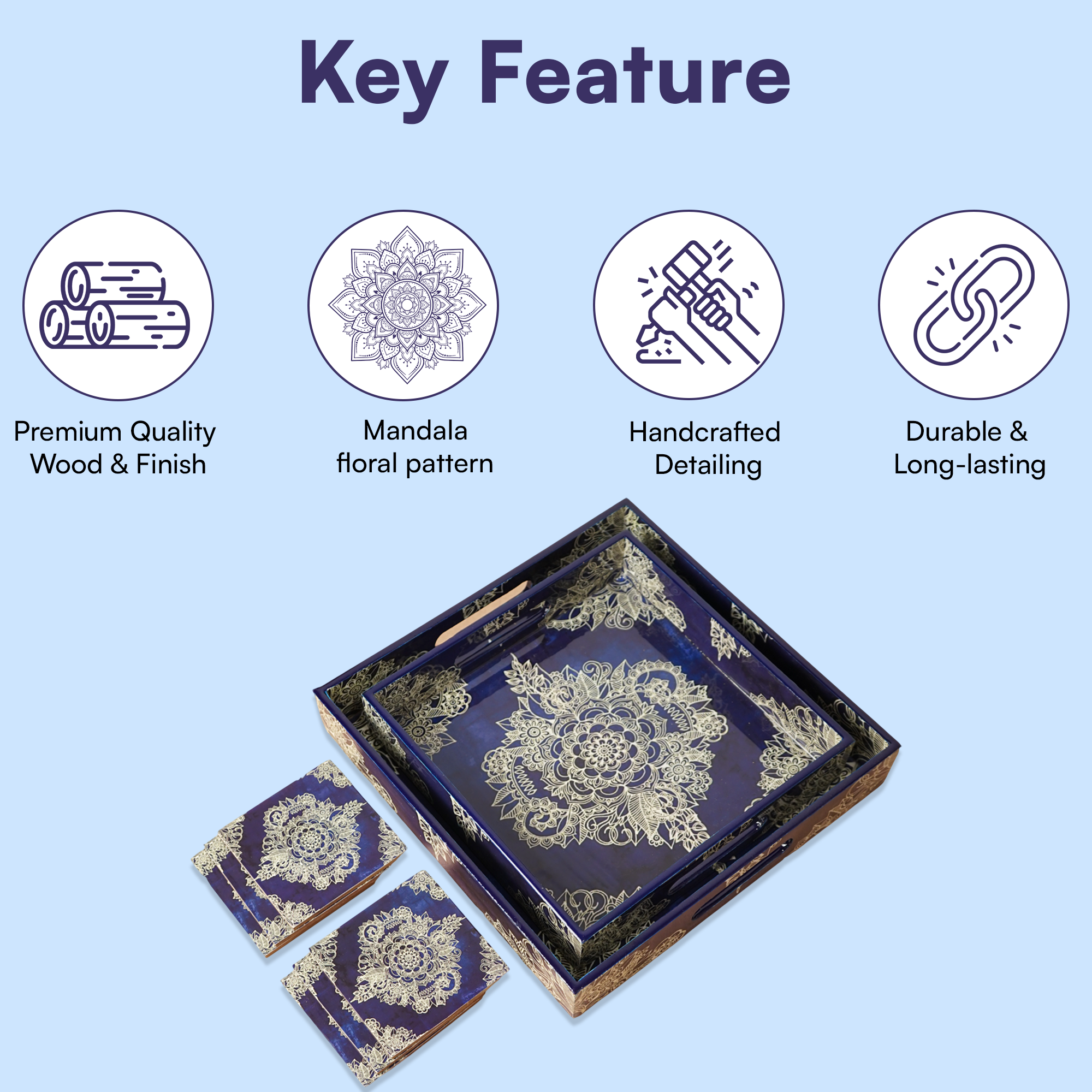 Magenta Set of 2 Wooden Serving Trays with Coasters 12"& 14"