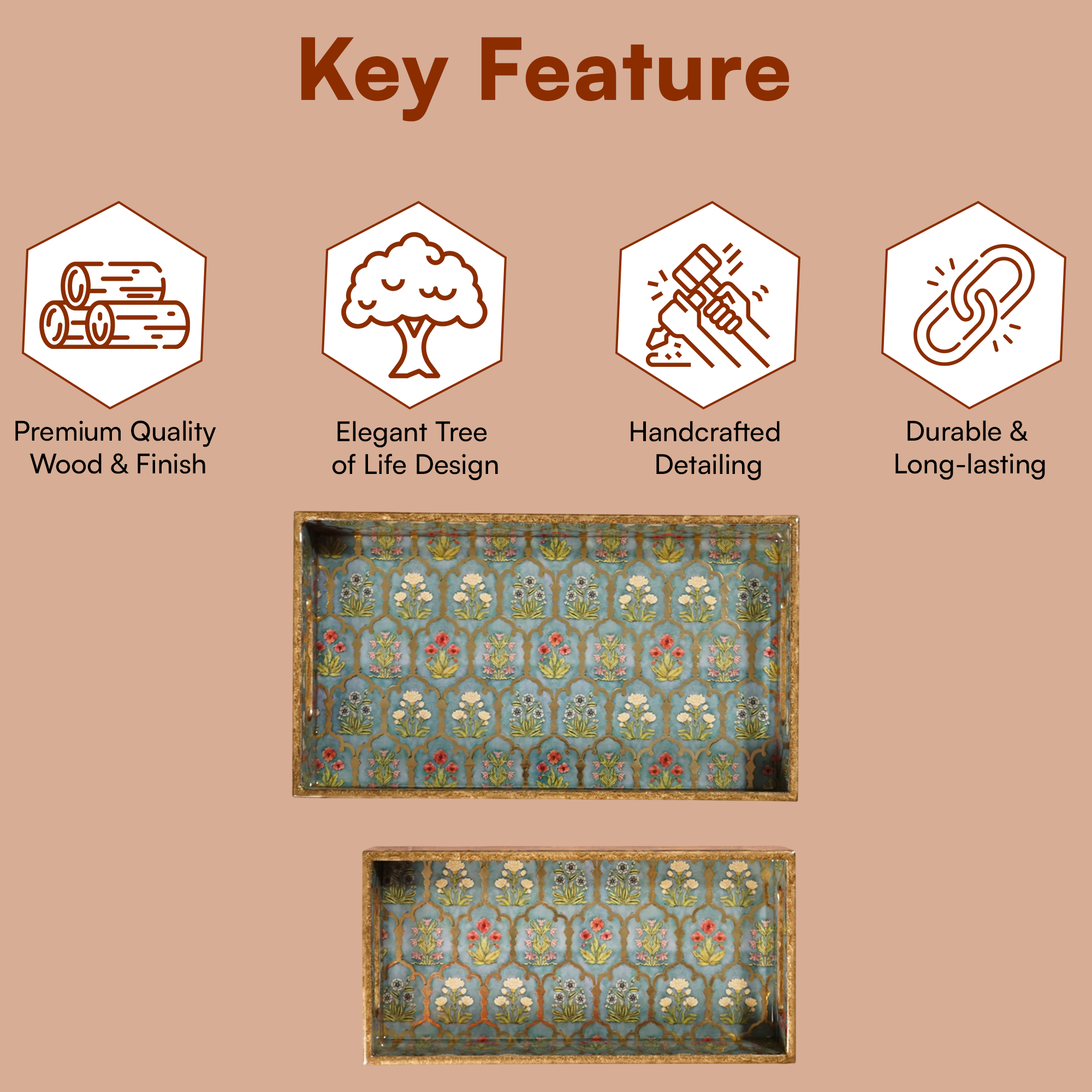 Green Flower Set of 2 Wooden Serving Trays (12" & 14") | Premium Rectangular Mango Wood Trays for Kitchen, Dining, Tea/Coffee & Breakfast | Handcrafted Decorative Wooden Tray Set for Home & Gifts