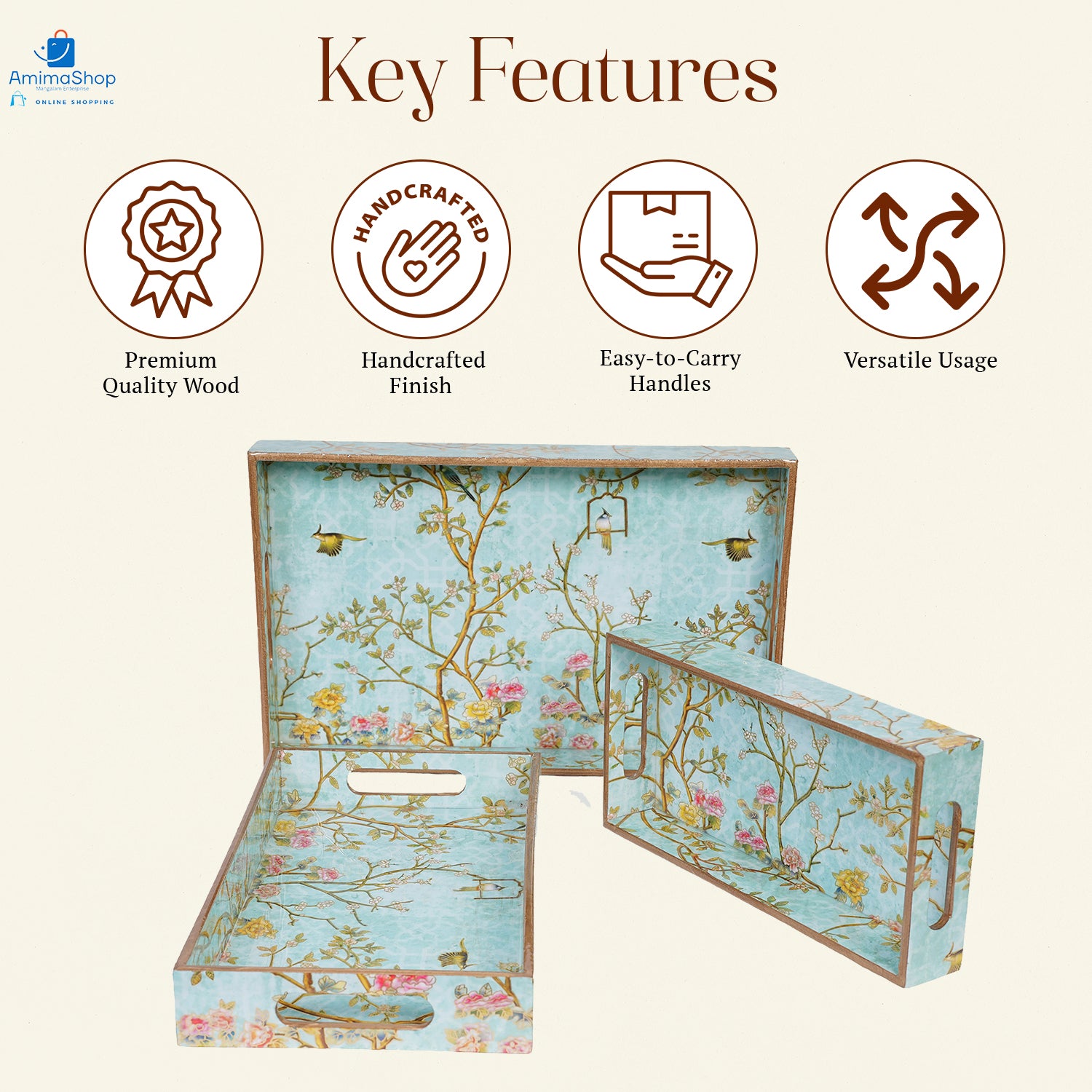 Green Set of 3 Rectangular Wooden Serving Trays 16", 14", 12"