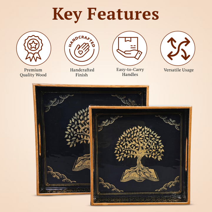 BLACK Set of 2 Wooden Serving Trays (12" & 10") | Premium Rectangular Mango Wood Trays for Kitchen, Dining, Tea/Coffee & Breakfast | Handcrafted Decorative Wooden Tray Set for Home & Gift