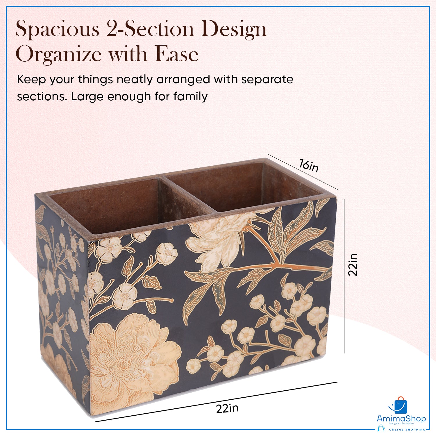 Wooden Cutlery Holder with 2 Sections – BLACK Design Spoon Stand for Kitchen & Dining Table Organizer | Multipurpose Wooden Utensil Holder, Chammach Stand & Table Decor (10x16x12 cm)