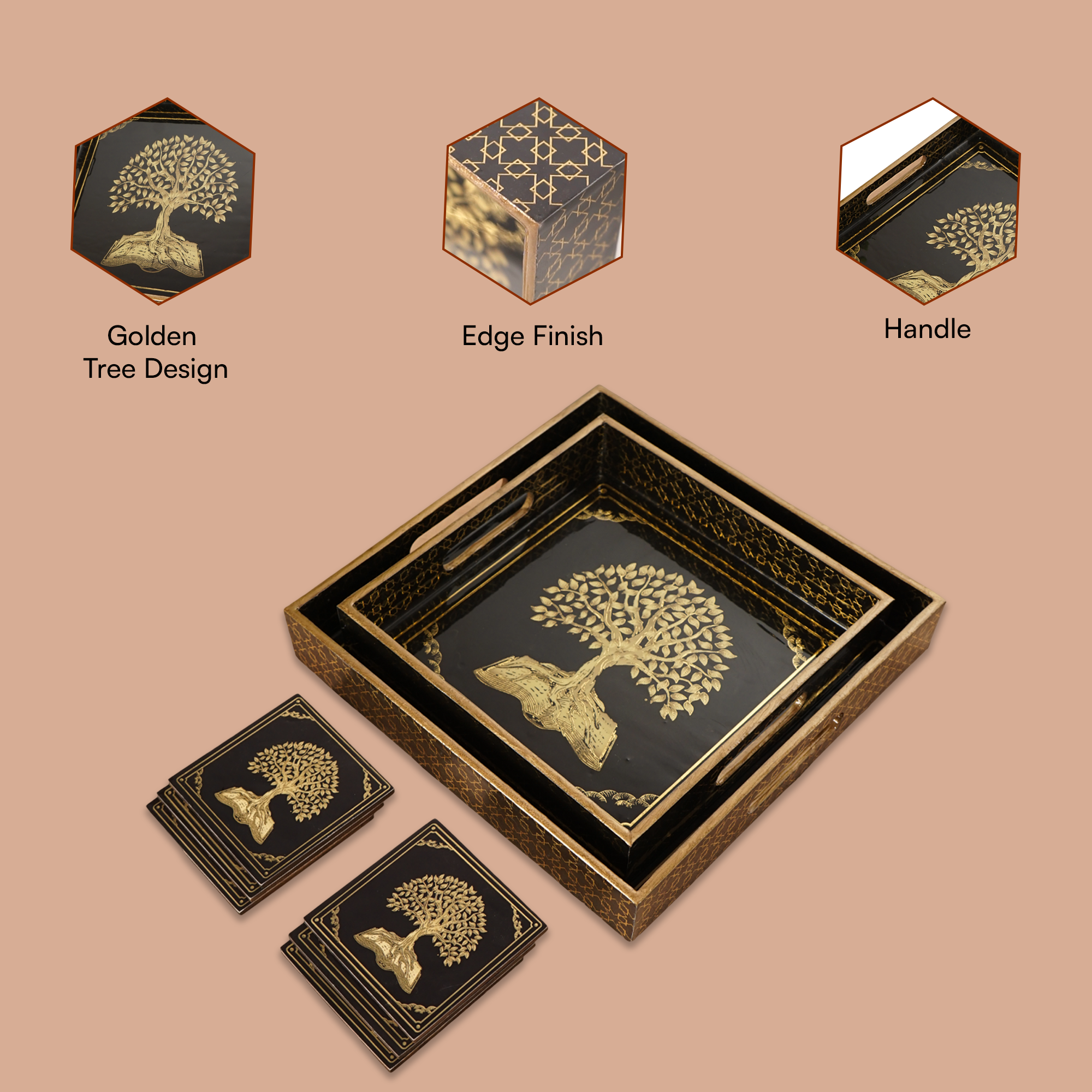 Black Set of 2 Wooden Serving Trays with Coasters 12"& 14"