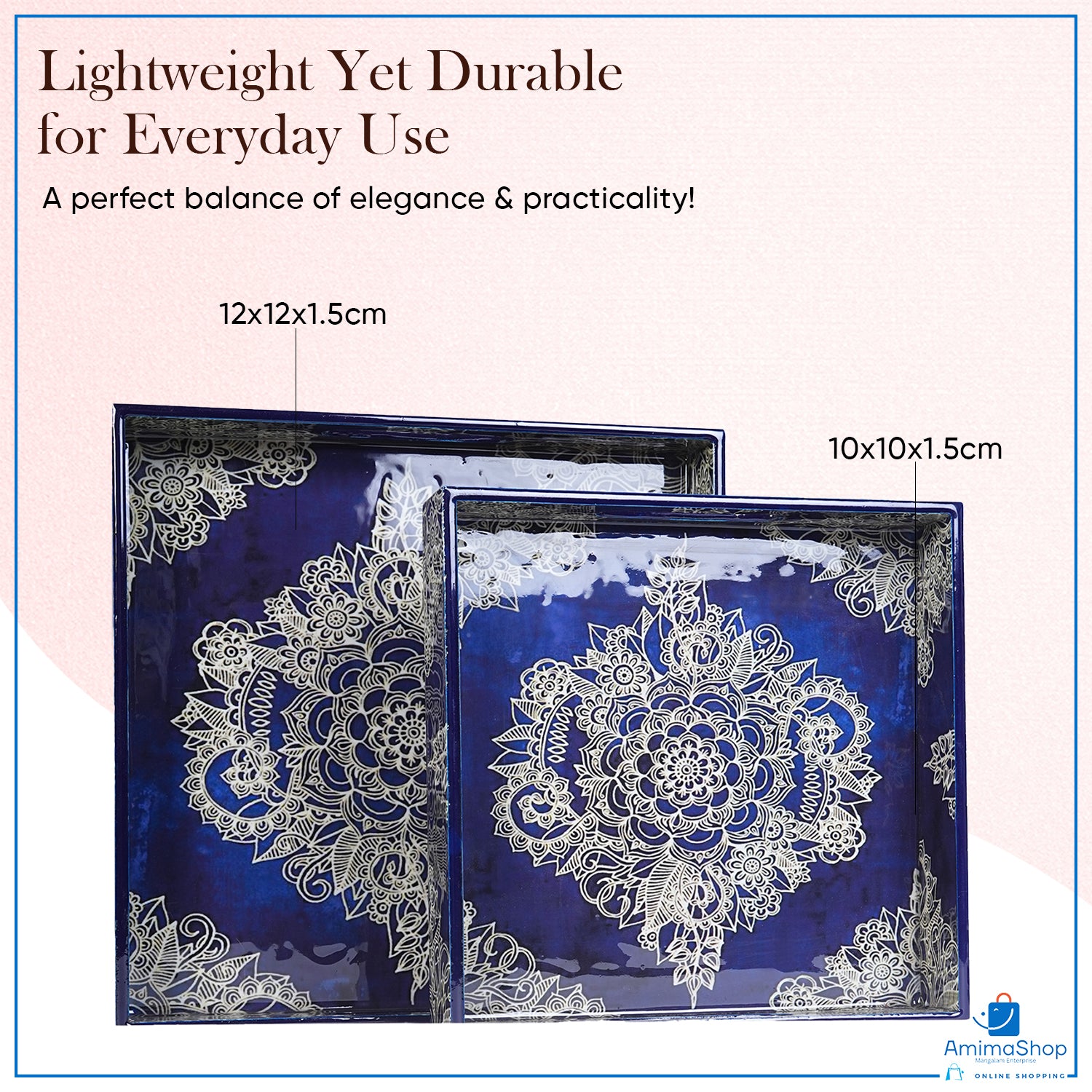 Magenta Set of 2 Wooden Serving Trays (12" & 10") | Premium Rectangular Mango Wood Trays for Kitchen, Dining, Tea/Coffee & Breakfast | Handcrafted Decorative Wooden Tray Set for Home & Gift