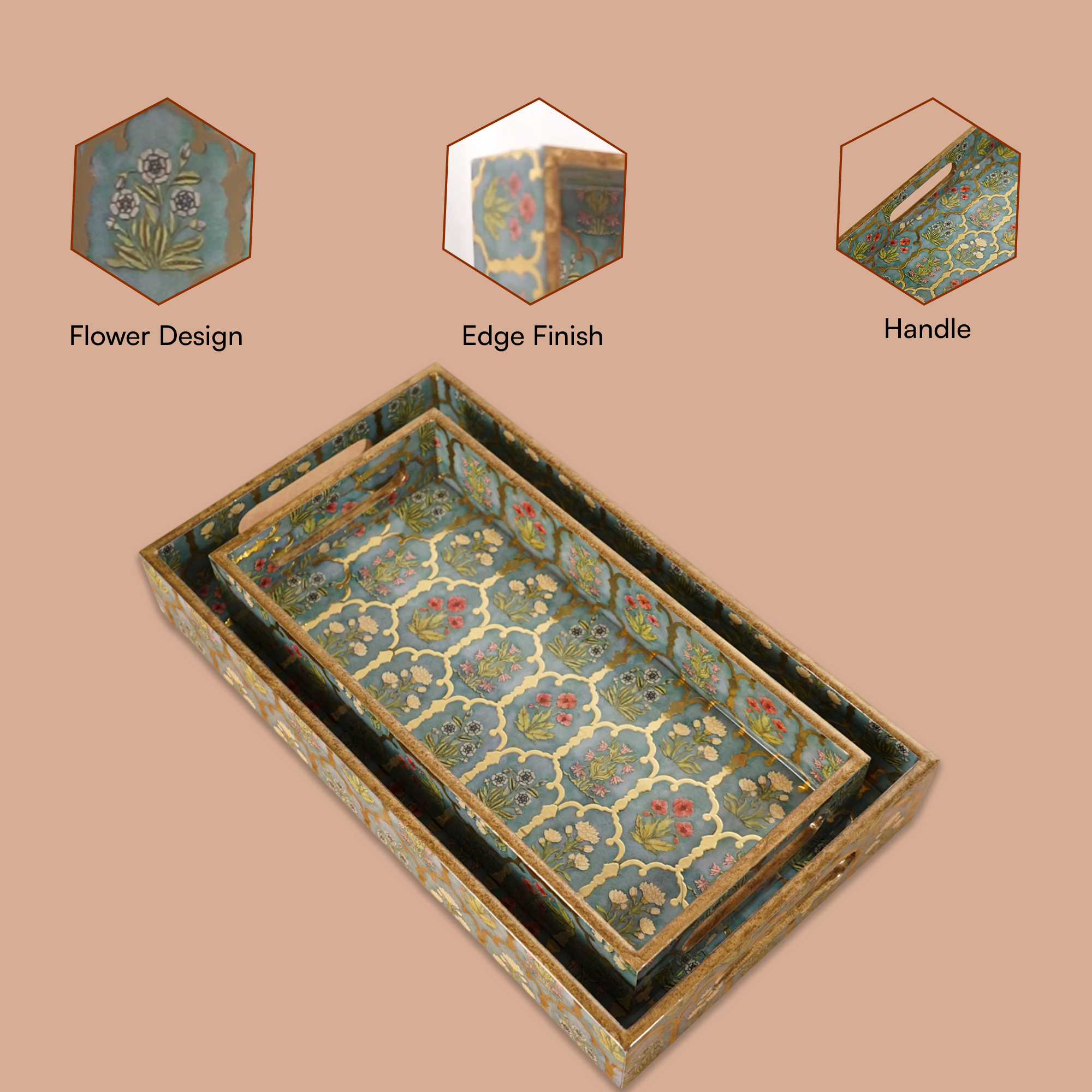 Green Flower Set of 2 Wooden Serving Trays (12" & 14") | Premium Rectangular Mango Wood Trays for Kitchen, Dining, Tea/Coffee & Breakfast | Handcrafted Decorative Wooden Tray Set for Home & Gifts