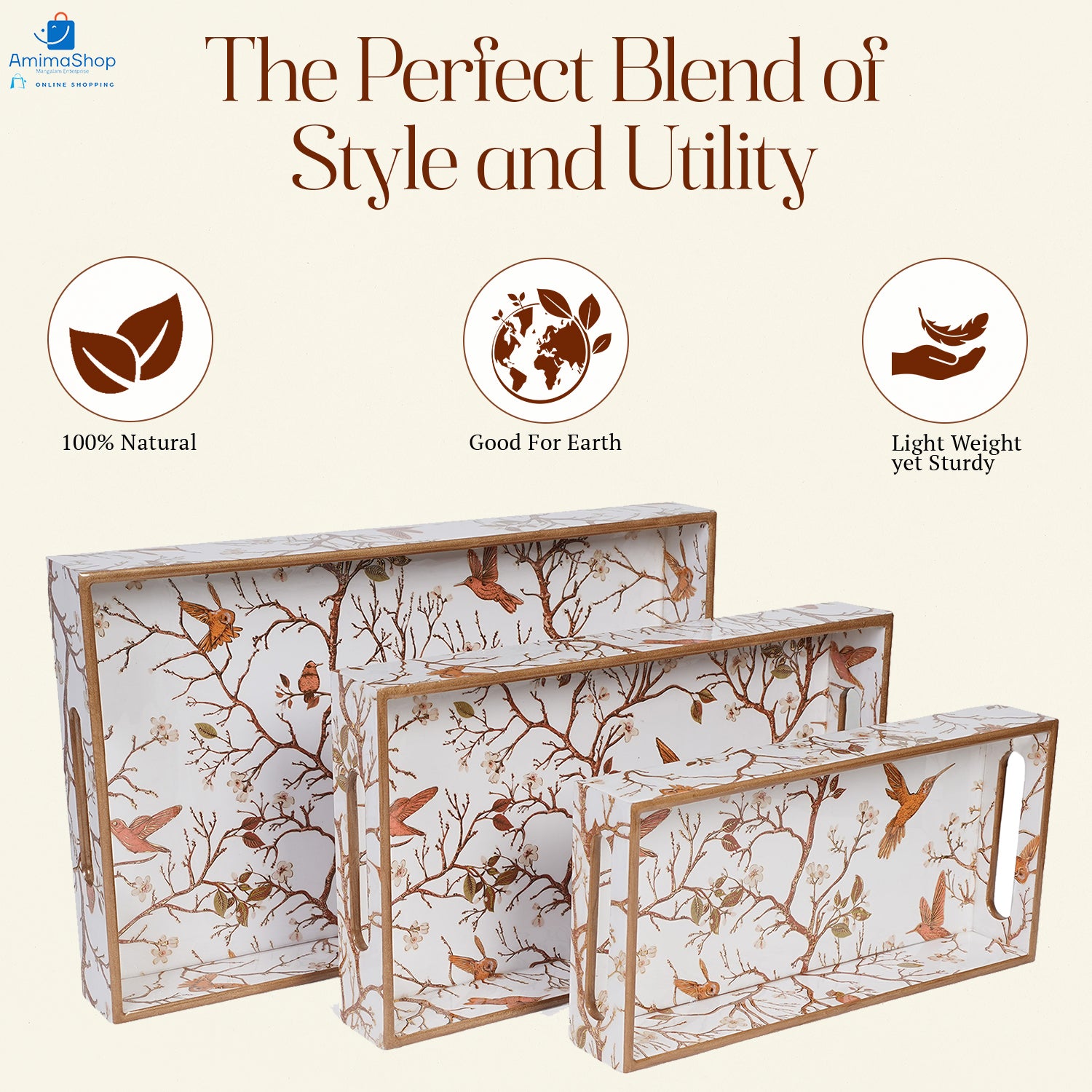 Off White Set of 3 Rectangular Wooden Serving Trays 16", 14", 12"