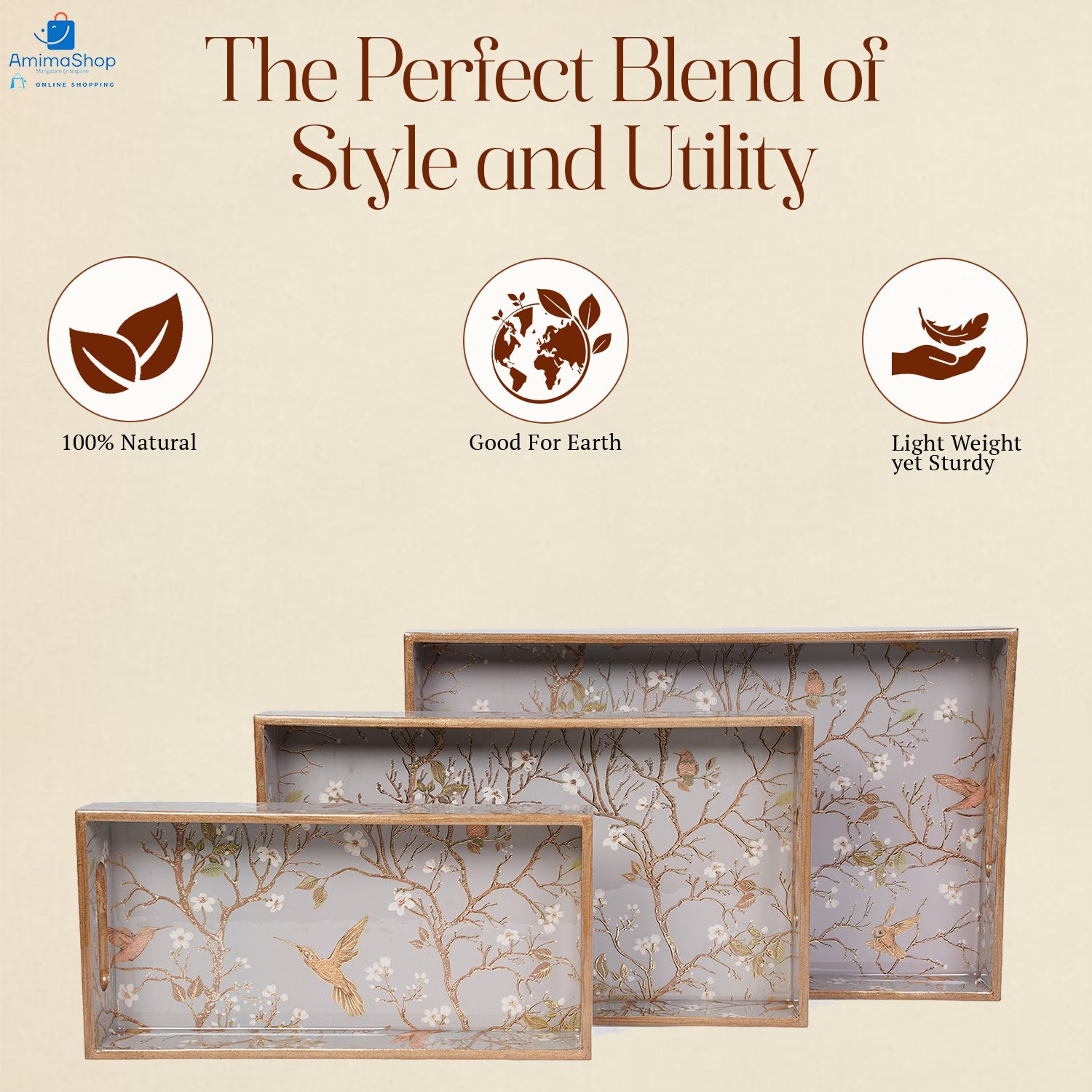 Gray Set of 3 Rectangular Wooden Serving Trays 16", 14", 12"