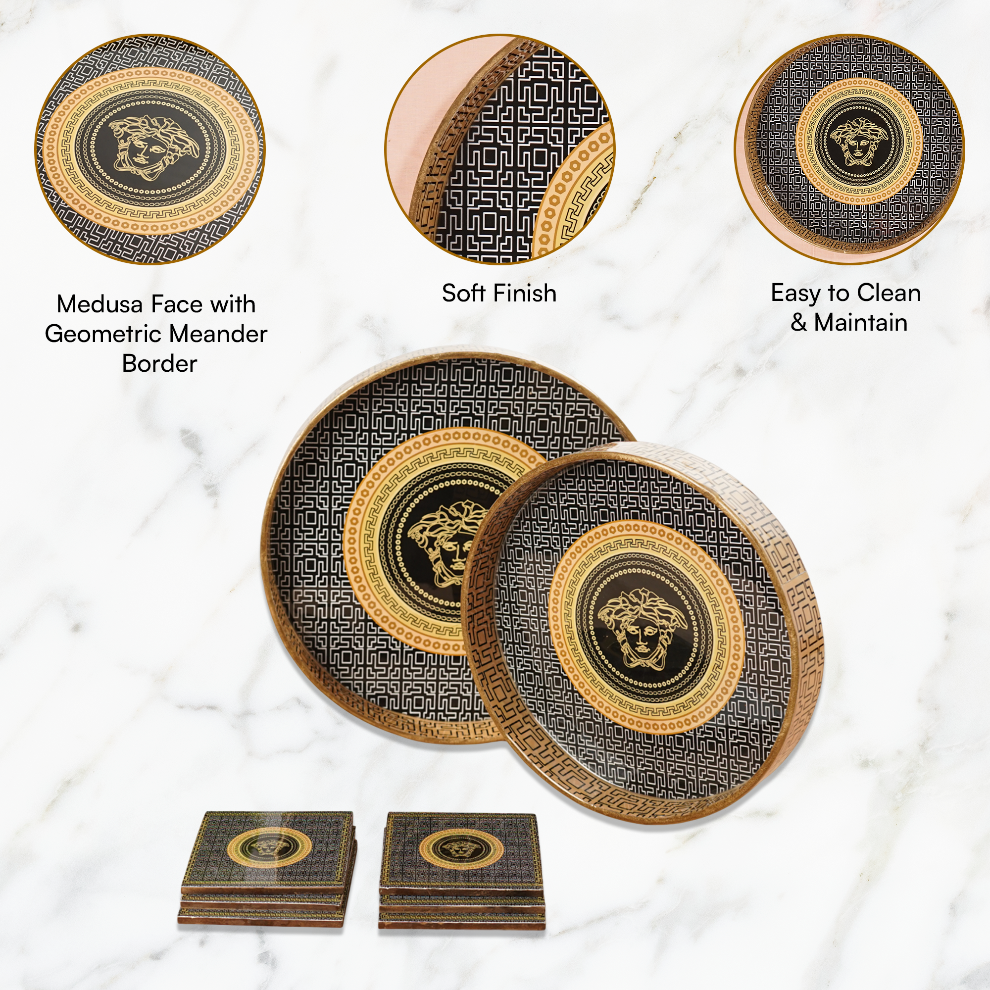 Orange Black Set of 2 Wooden Serving Trays with Coasters 12"& 14"