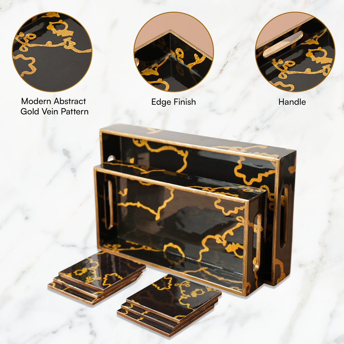 Amimashop® Mini Black Set of 2 Wooden Serving Trays with Coasters 12"& 14"