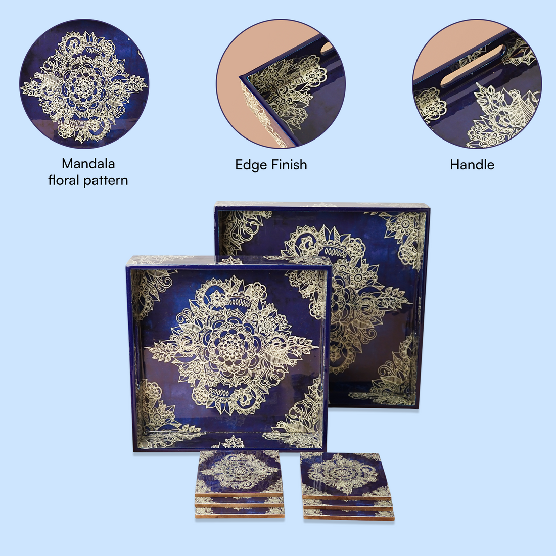 Amimashop® Magenta Set of 2 Wooden Serving Trays with Coasters 12"& 14"
