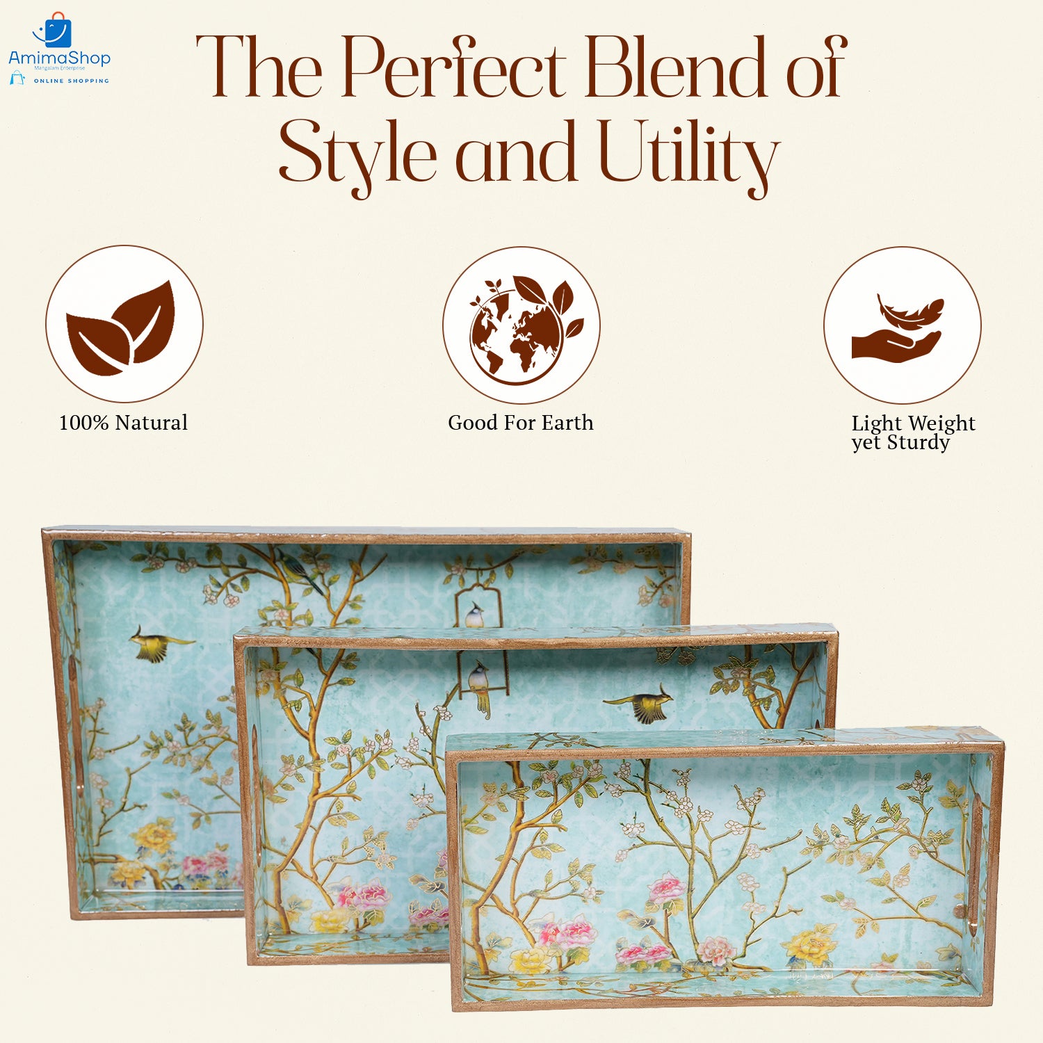 Green Set of 3 Rectangular Wooden Serving Trays 16", 14", 12"