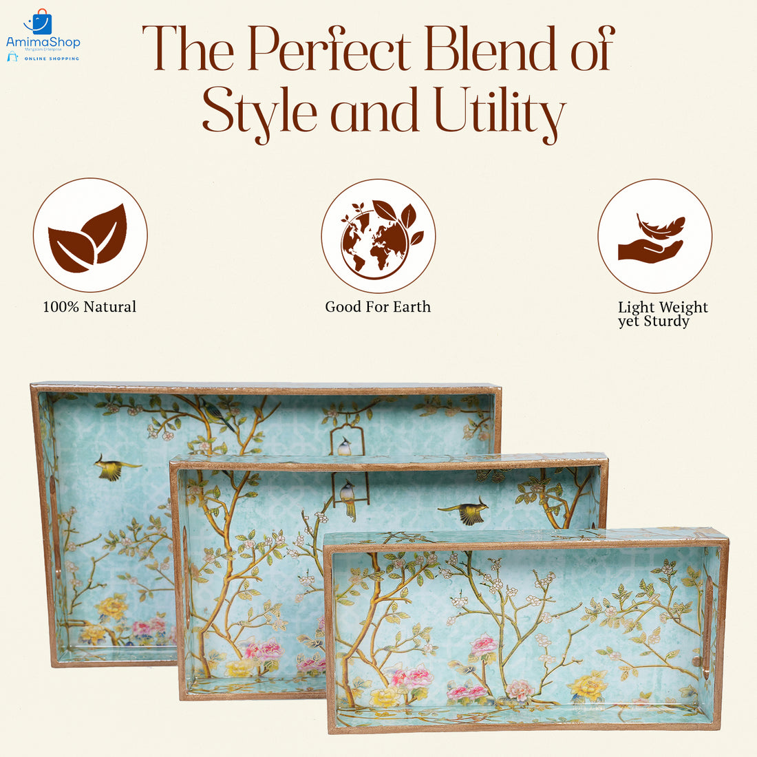 Amimashop® Green Set of 3 Rectangular Wooden Serving Trays 16", 14", 12"