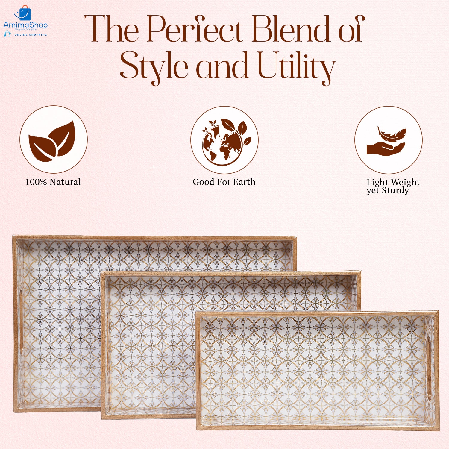 Gold Design Set of 3 Rectangular Wooden Serving Trays 16", 14", 12"