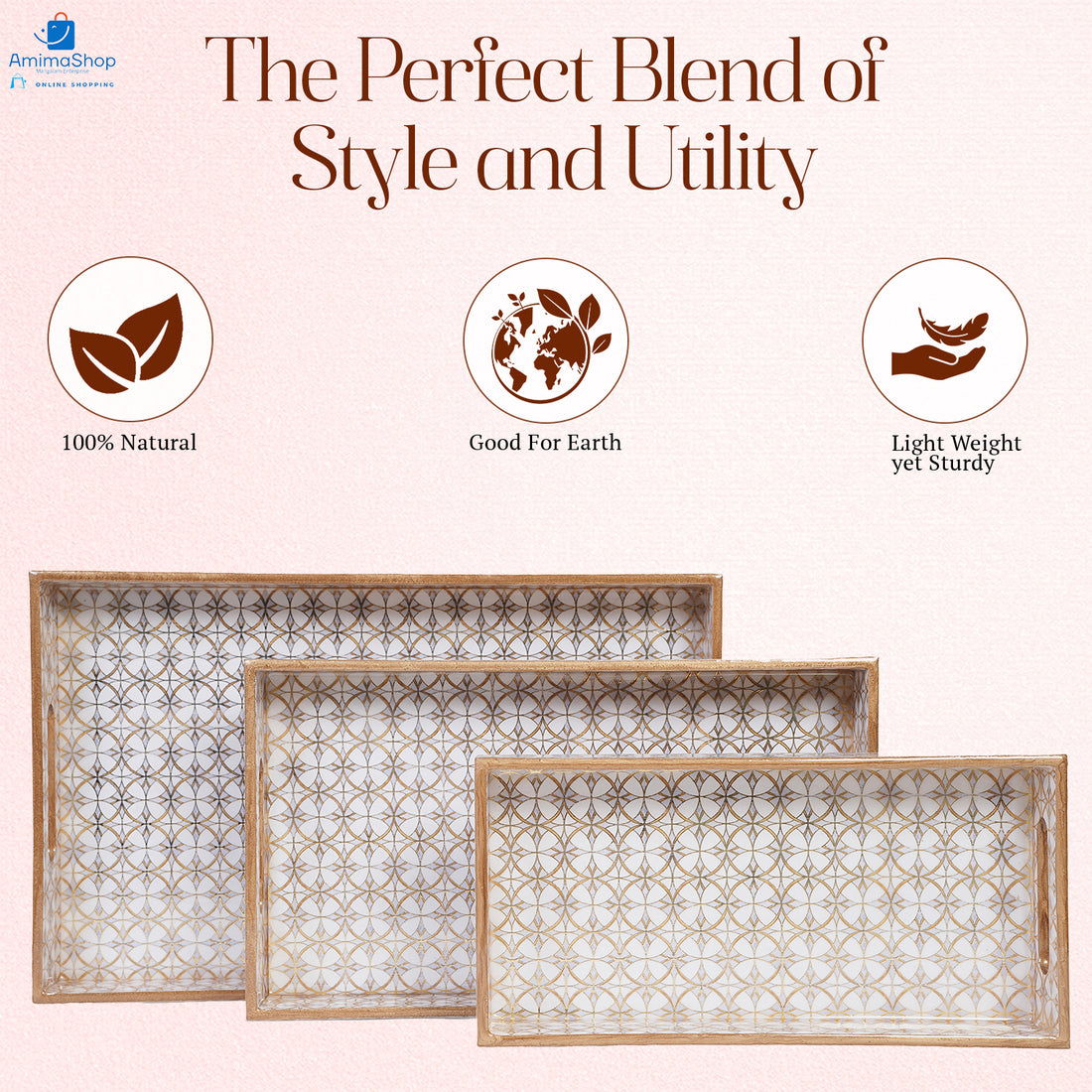 Amimashop® Gold Design Set of 3 Rectangular Wooden Serving Trays 16", 14", 12"